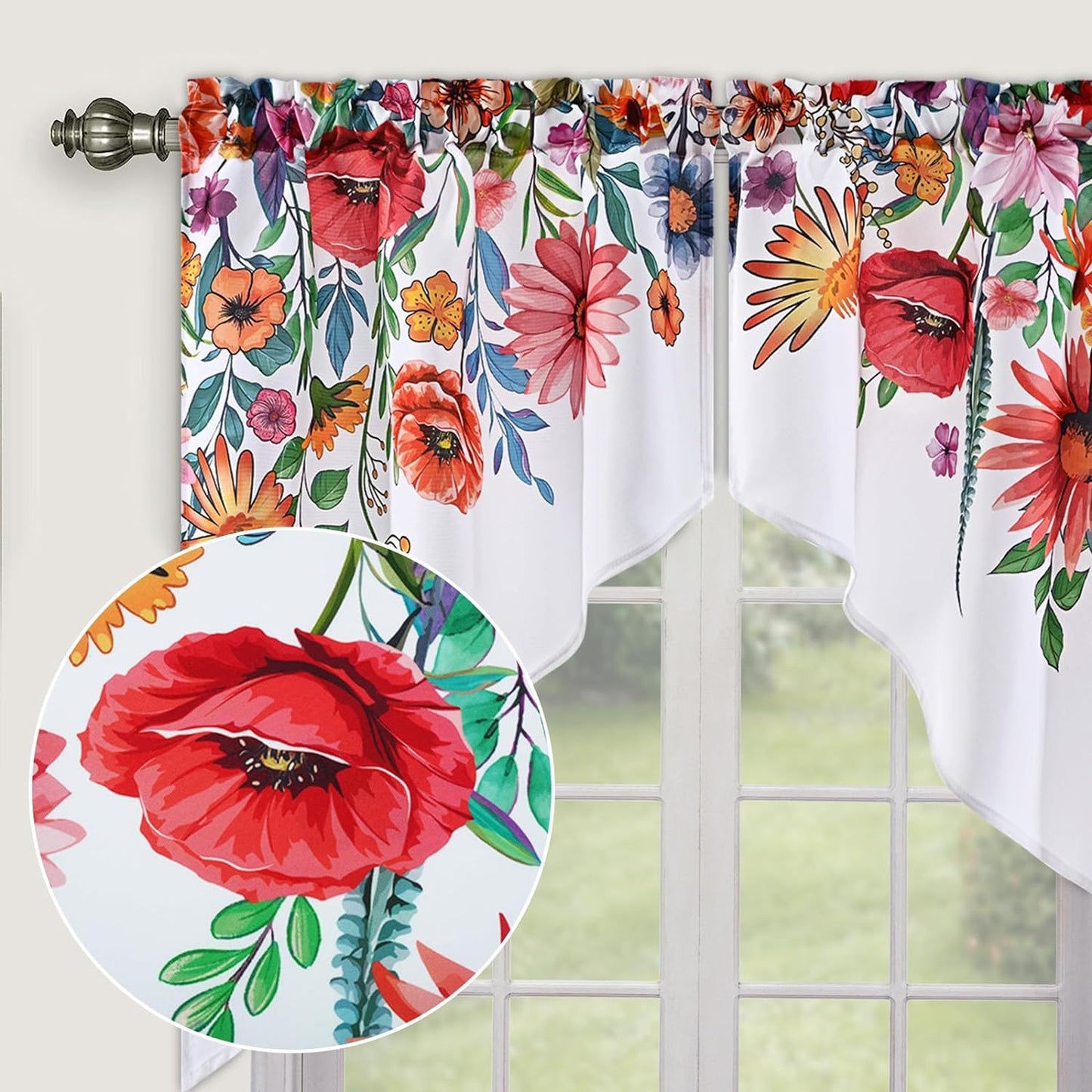 Alishomtll Kitchen Curtains Swags for Windows Blossom Floral Printed Window Drapes,28" W x 36" L,2 Panels，Rod Pocket,White