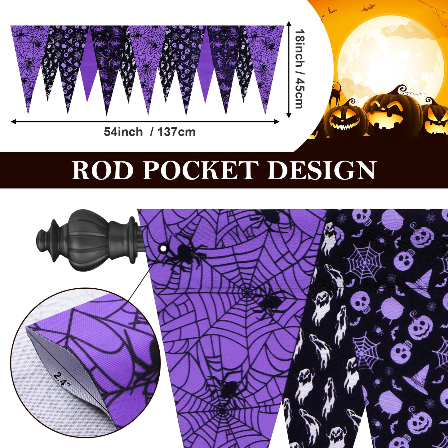 Alishomtll Halloween Autumn Valance Curtains For Kitchen Or Bathroom Spider Web Window Drapes With Rod Pocket,18"X52"W,Purple