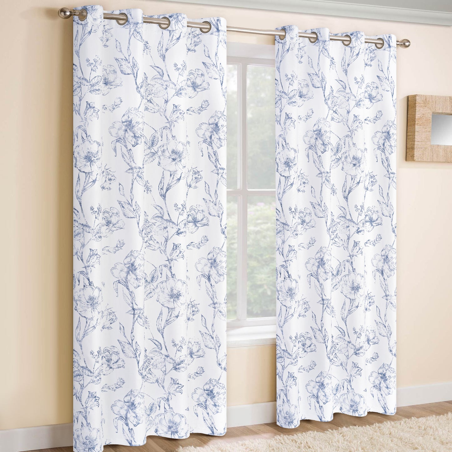 Alishomtll Blue Floral Curtains Linen Farmhouse Curtains for Living Room 84 inch Country Curtains Grommet Top Semi Sheer Curtains Light Filtering ,2 Panels