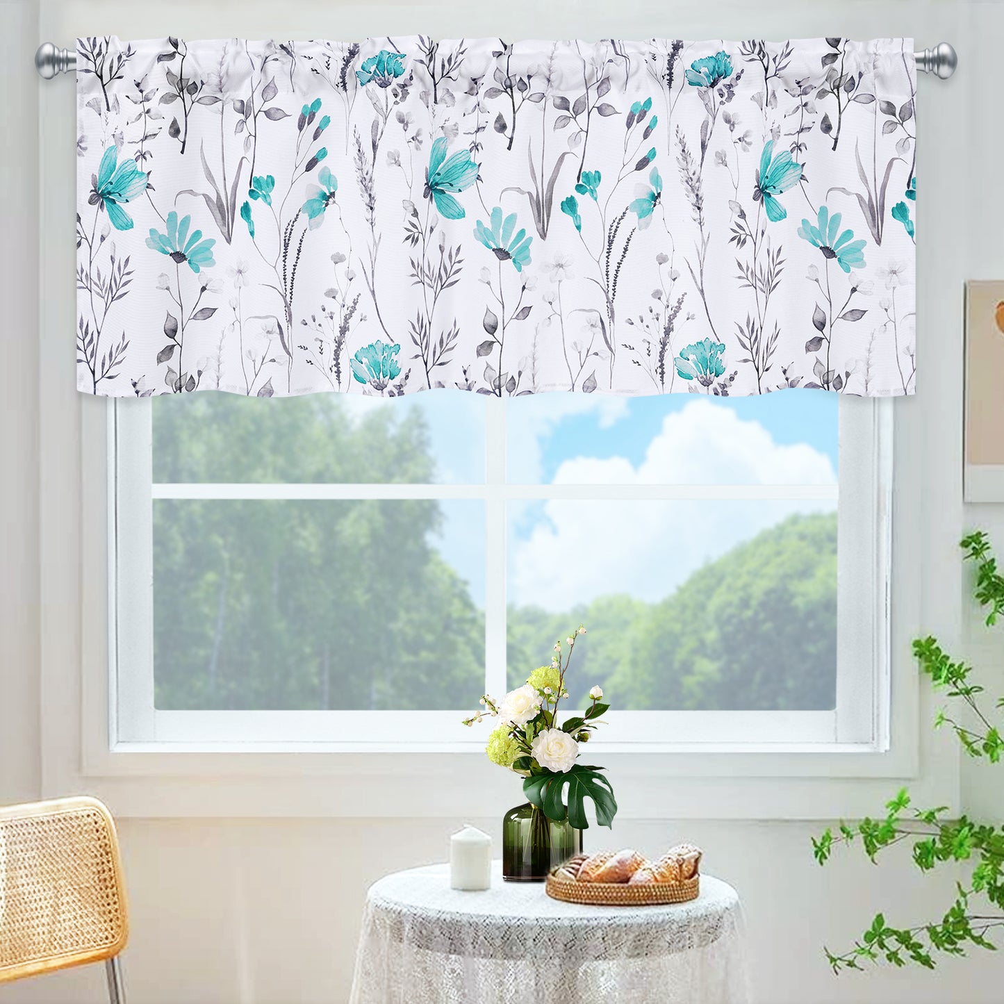 Alishomtll Valance Curtains Teal Flower Floral Print Valances for Windows Rod Pocket,52W" x 18L"