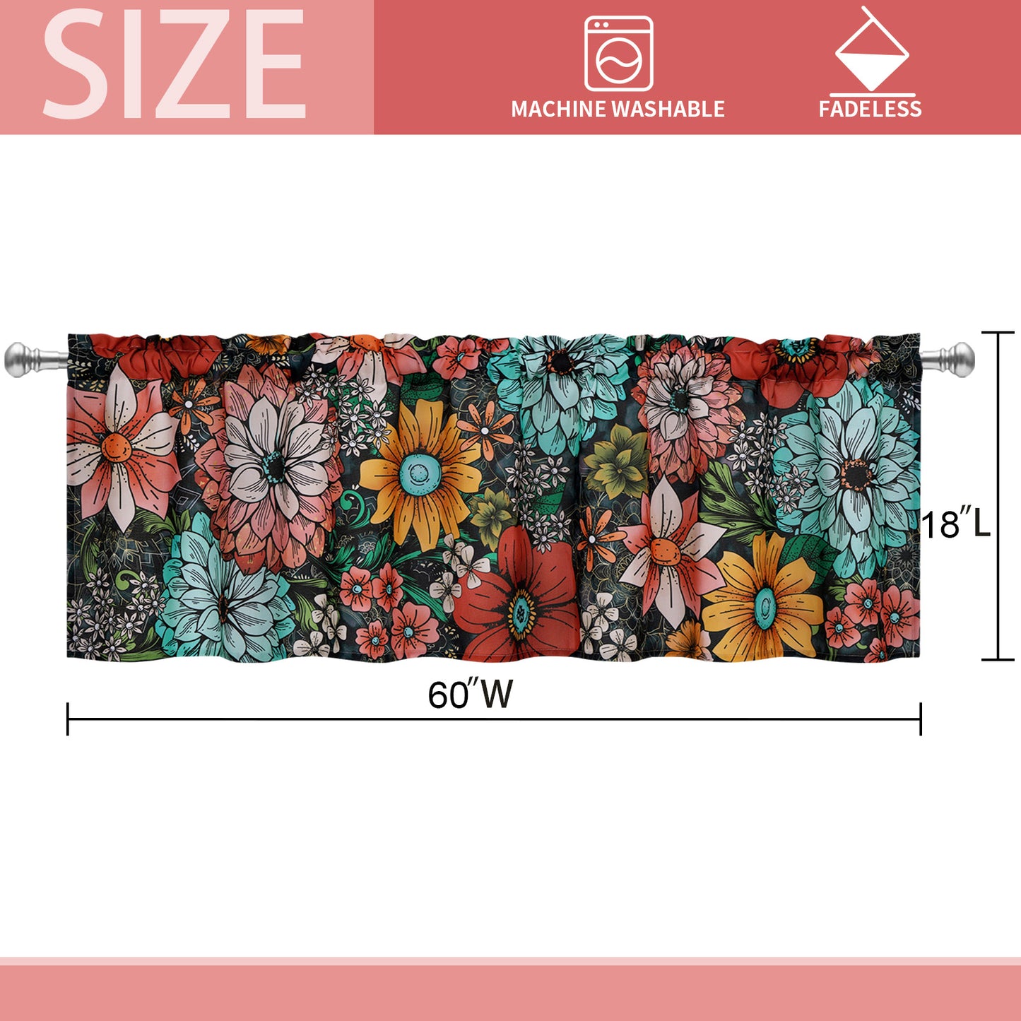 Alishomtll Valance Curtain for Kitchen 18 inch Boho Floral Print Farmhouse Valance Small Curtain,Rod Pocket,1 Panel