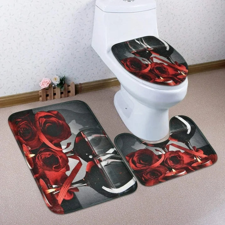 FRAMICS 16 Piece Red Rose Wine Shower Curtain Sets with Rugs, Romantic Floral Bathroom Sets, Waterproof Fabric Shower Curtain with 12 Hooks and Toilet Rugs