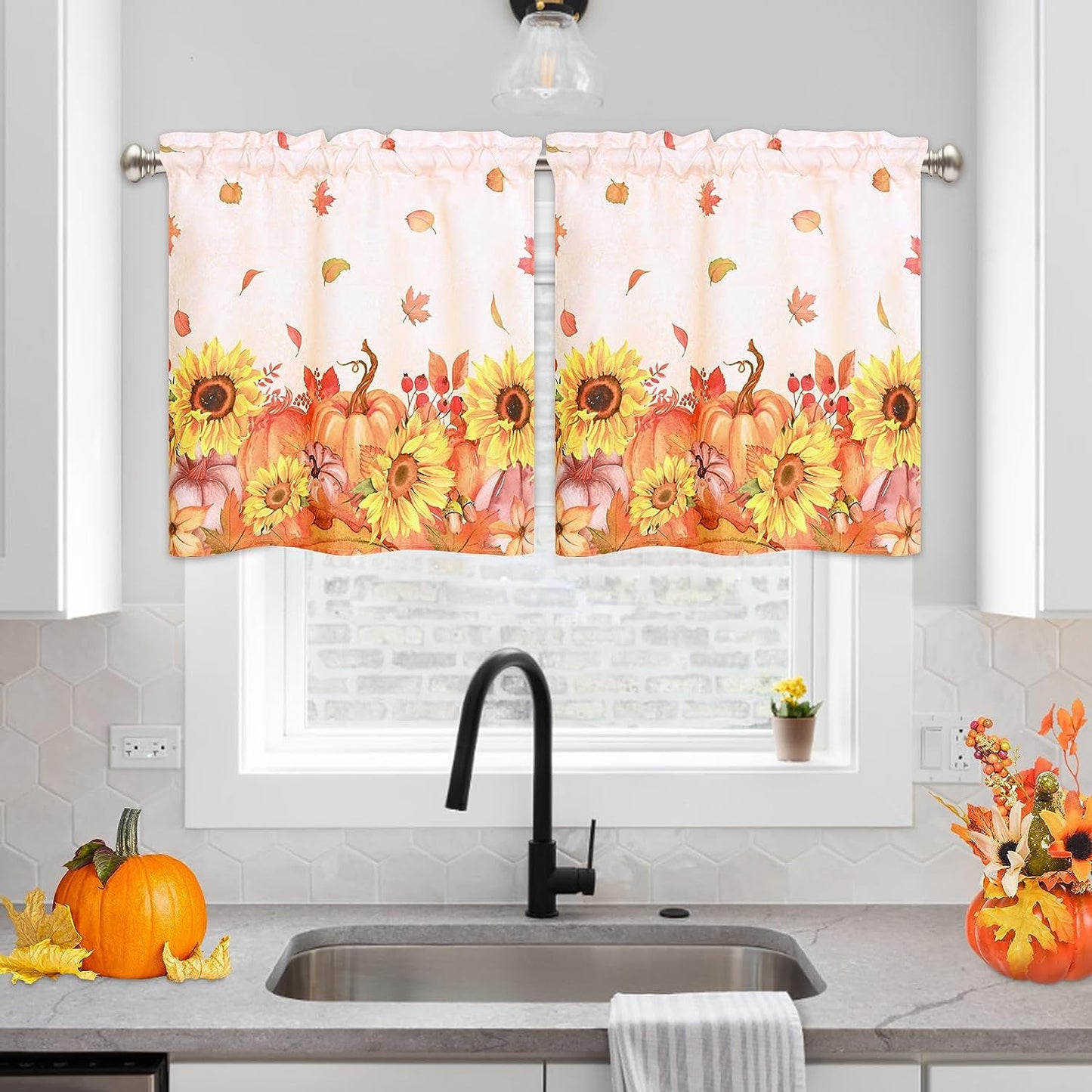 Alishomtll Thanksgiving Fall Autumn Kitchen Curtains Pumpkins Print Tier Curtains Rod Pocket Small Window Curtain Sets,26"Wx24"L,2 Panels