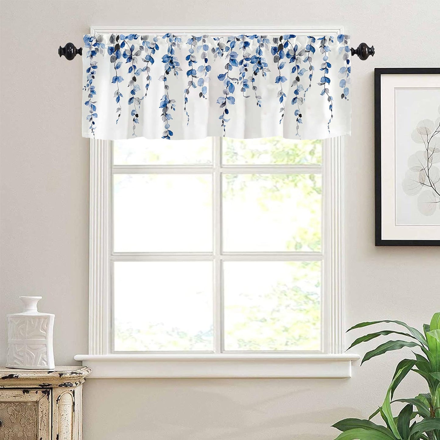 Alishomtll Valance Curtains for Living Room Bedroom Kitchen Windows Grey Blue Watercolor Leaves Print ,52 x 18 inch,Rod Pocket