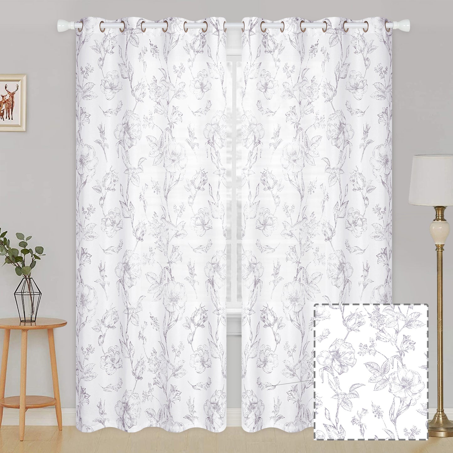 Alishomtll Grey Floral Curtains Linen Farmhouse Curtains for Living Room 84 inch Country Curtains Grommet Top Semi Sheer Curtains Light Filtering ,2 Panels