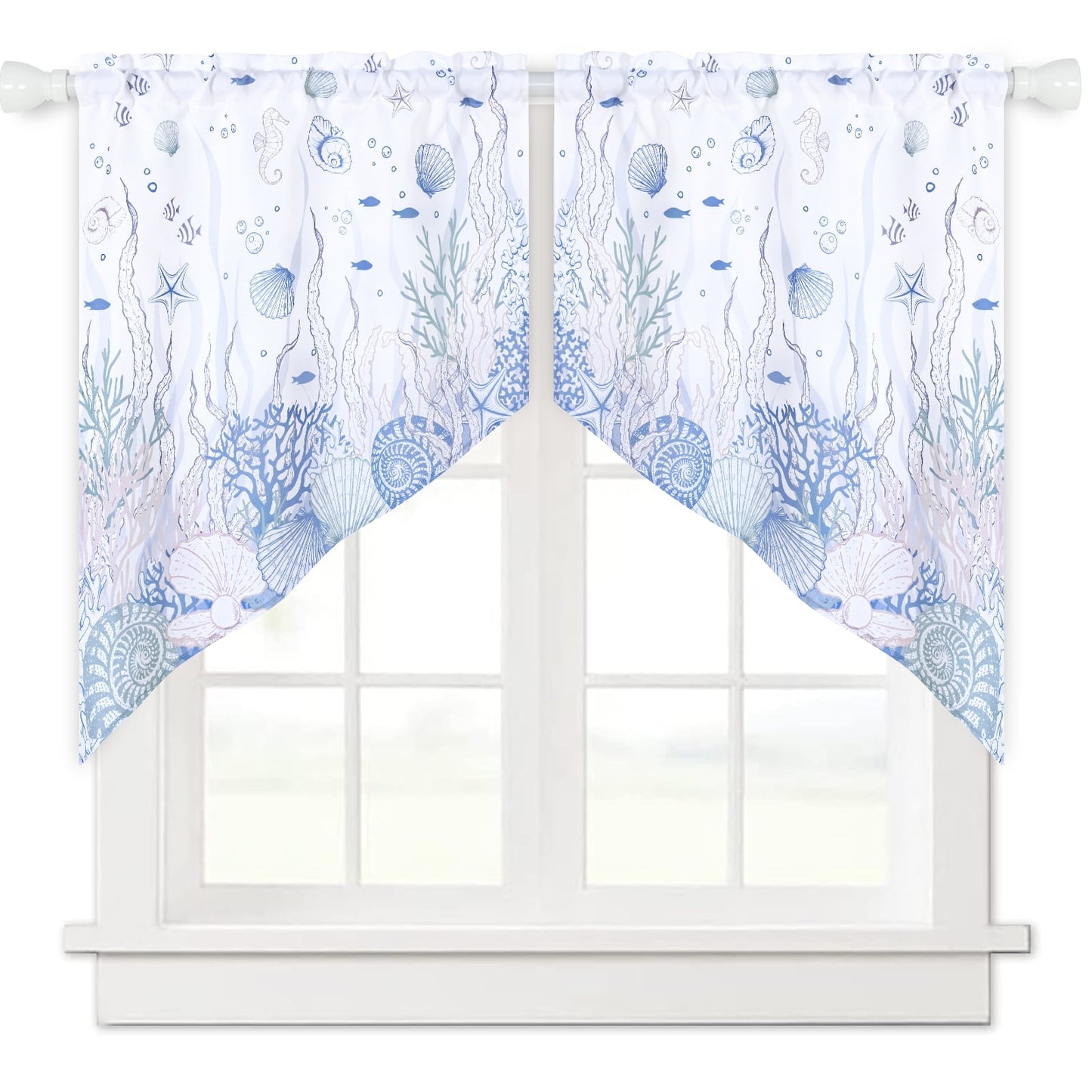 Alishomtll Kitchen Curtains Swag Valance Nautical Coastal Coral Starfish Seashell Window Drapes,28" W x 36" L，2 Panels,Rod Pocket