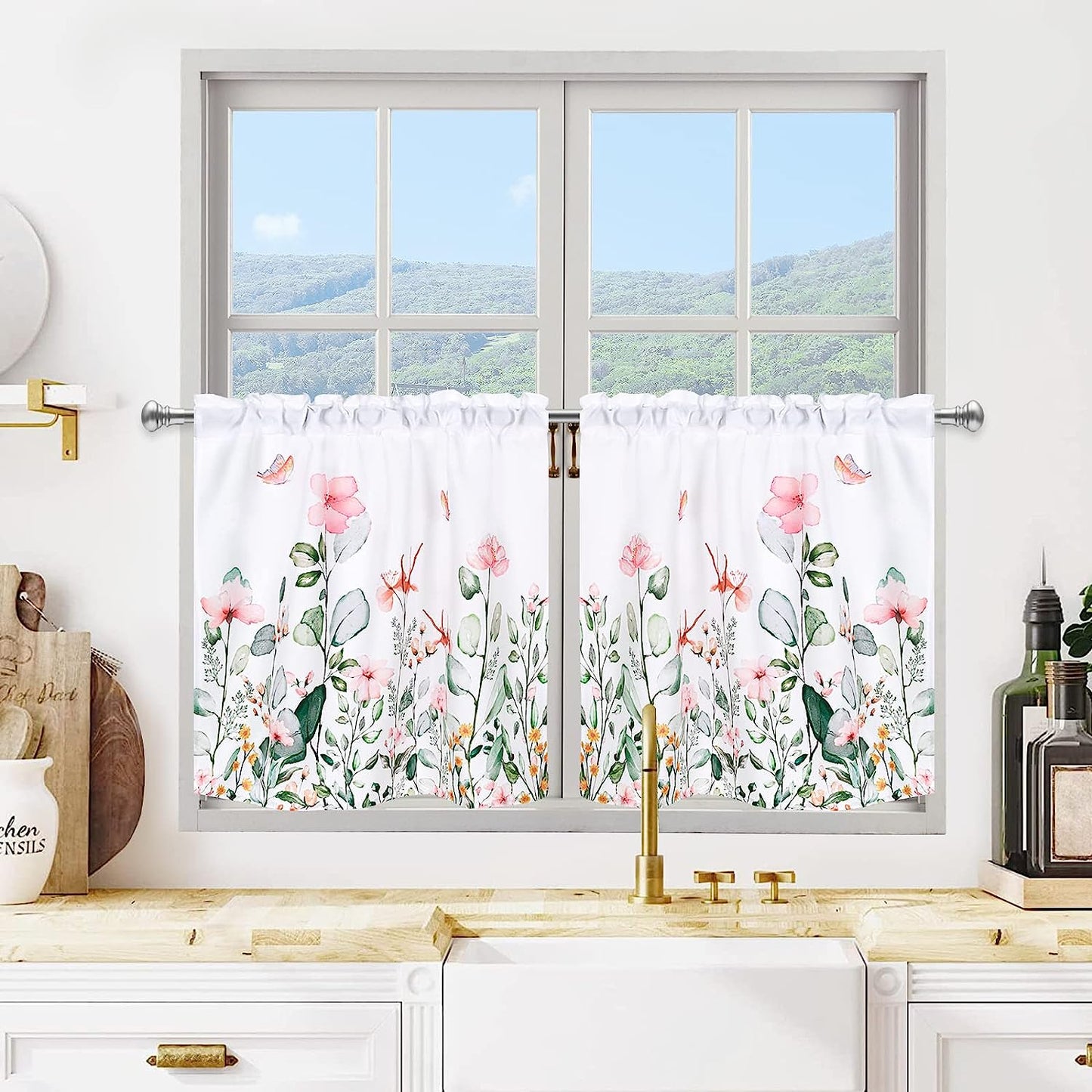 Alishomtll Floral Print Kitchen Curtain Tiers Set ,2 Panels,Rod Pocket,White