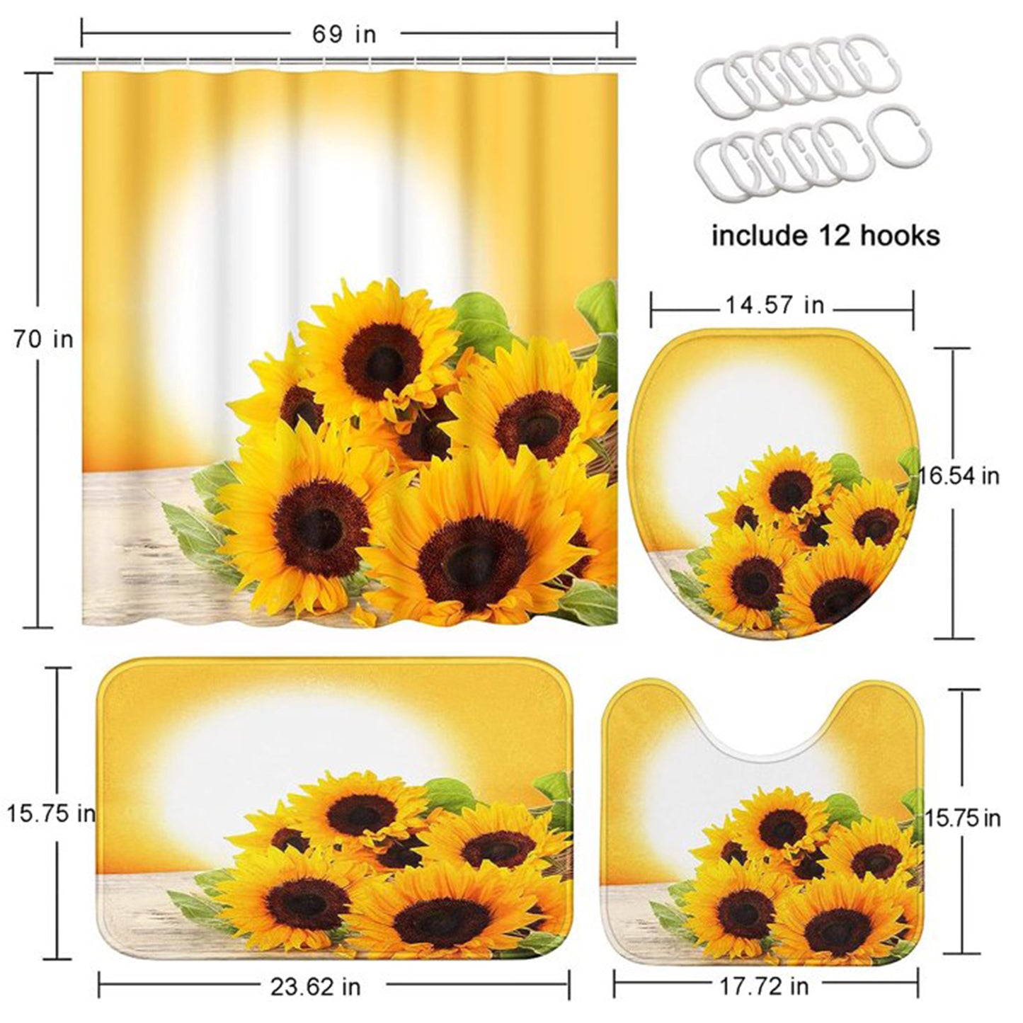 FRAMICS Yellow Sunflower Shower Curtain and Rug Sets, 16 Pc Flowers Bathroom Sets, Waterproof Fabric Shower Curtain with 12 Hooks and Toilet Rugs