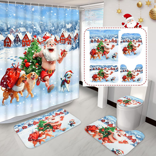 FRAMICS Christmas Shower Curtain Sets with Rugs, 16 Pc Funny Naked Santa Claus Bathroom Sets, Xmas Winter Waterproof Fabric Bathroom Decor with Hooks