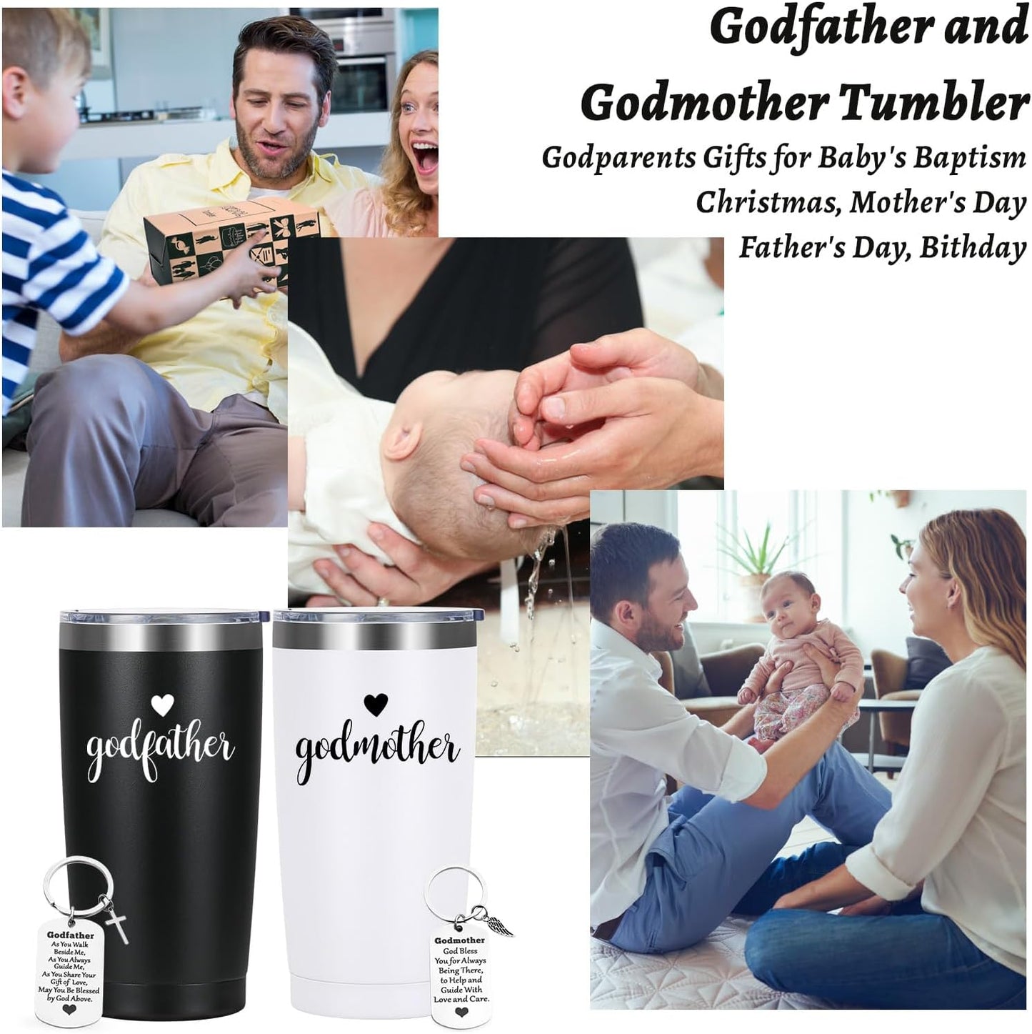 Gingprous Godmother & Godfather Stainless Steel Insulated Tumbler Set , Godparents Gift for Christmas Baptism, 20oz Black & White