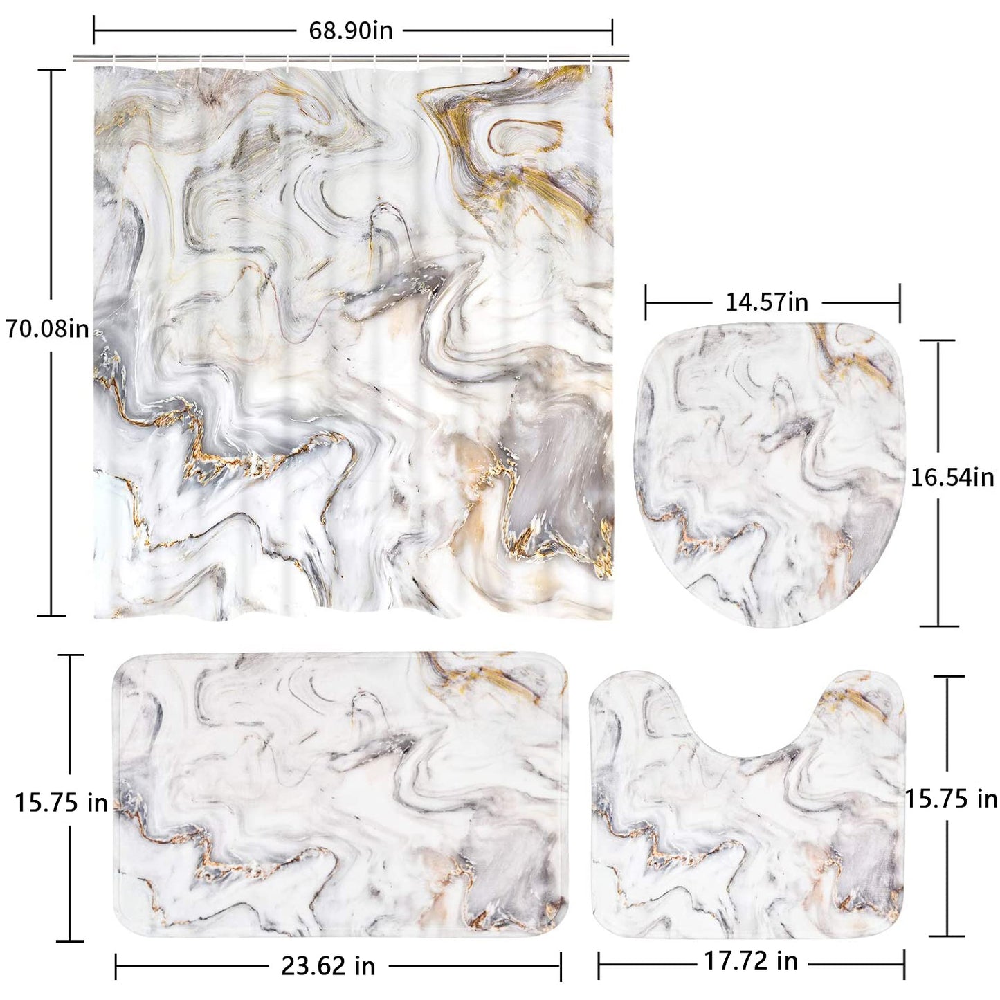 FRAMICS 16 Pc Beige Marble Shower Curtain and Rug Sets, Modern Abstract Bathroom Sets, Waterproof Fabric Shower Curtain with 12 Hooks and Toilet Rugs