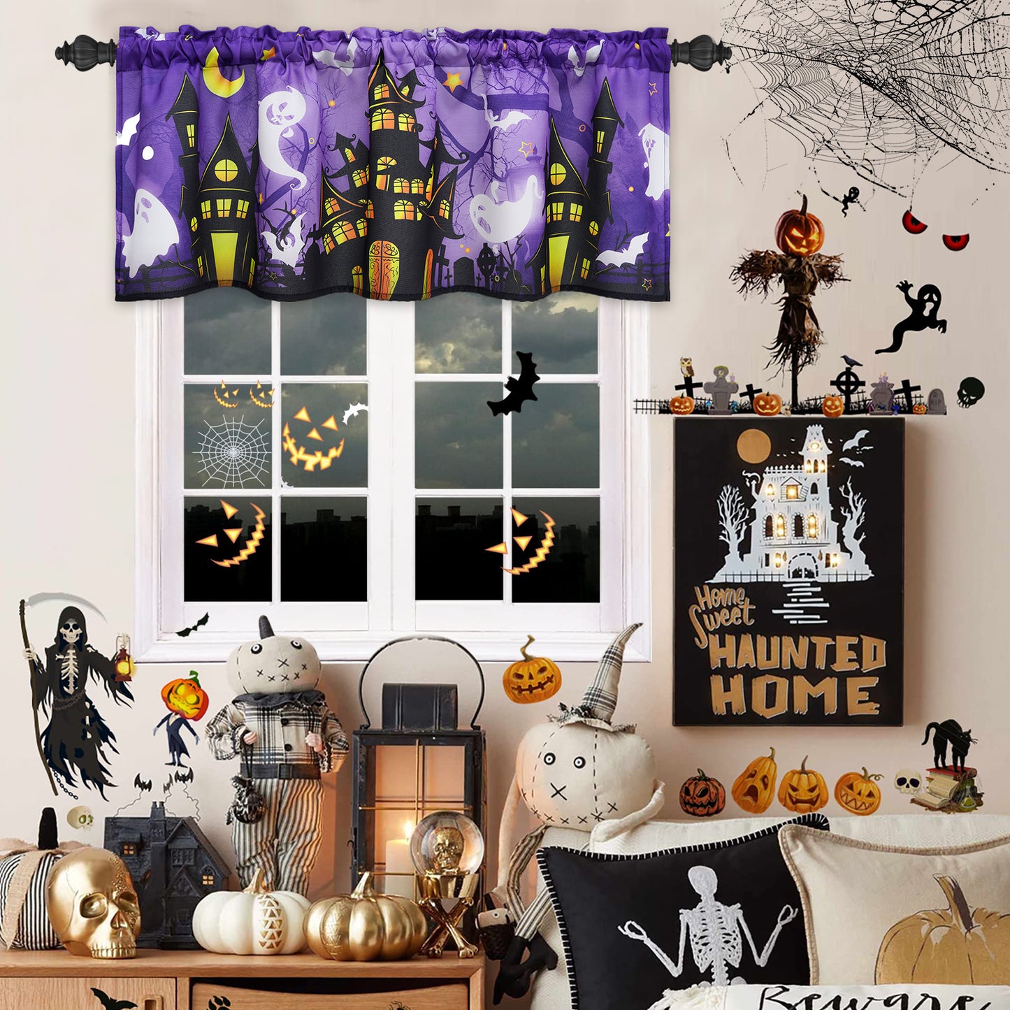 Alishomtll Halloween Valances Curtains Kitchen Castle Haunted House Windows Drapes ,52 X 18 Inch,Rod Pocket