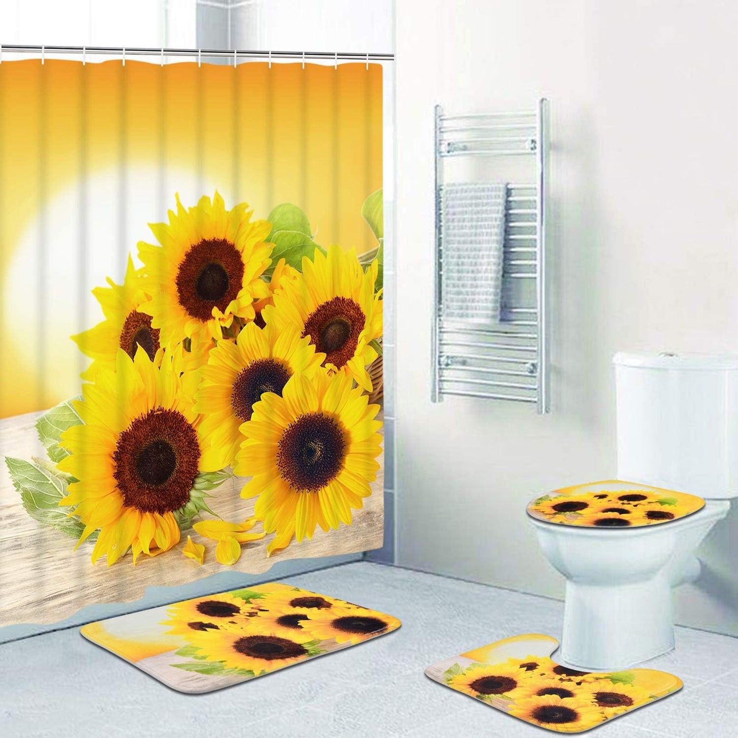 FRAMICS Yellow Sunflower Shower Curtain and Rug Sets, 16 Pc Flowers Bathroom Sets, Waterproof Fabric Shower Curtain with 12 Hooks and Toilet Rugs