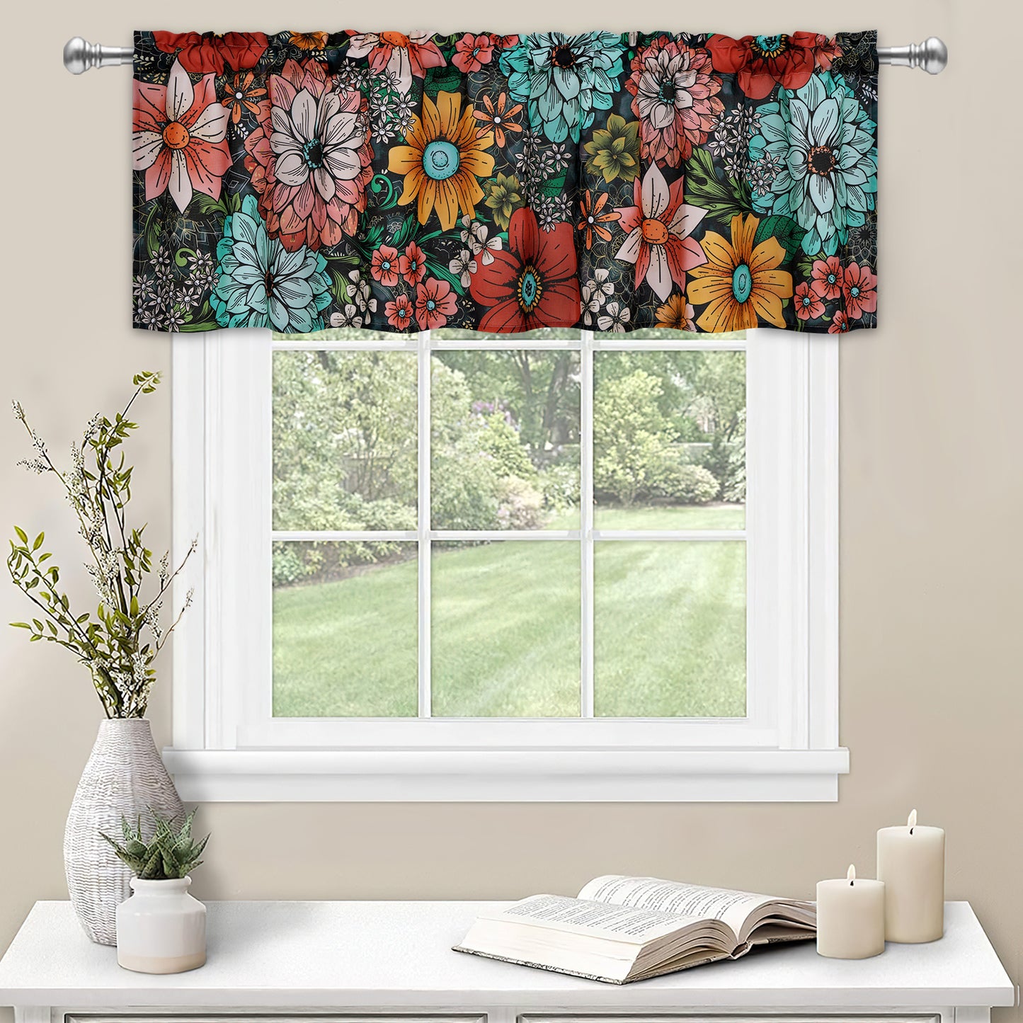 Alishomtll Valance Curtain for Kitchen 18 inch Boho Floral Print Farmhouse Valance Small Curtain,Rod Pocket,1 Panel