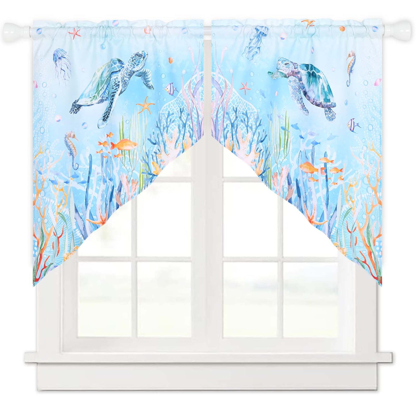 Alishomtll Kitchen Curtains Sea Turtle Valance Swag Curtains Ocean Beach Window Drapes,28" W x 36" L，2 Panels,Rod Pocket