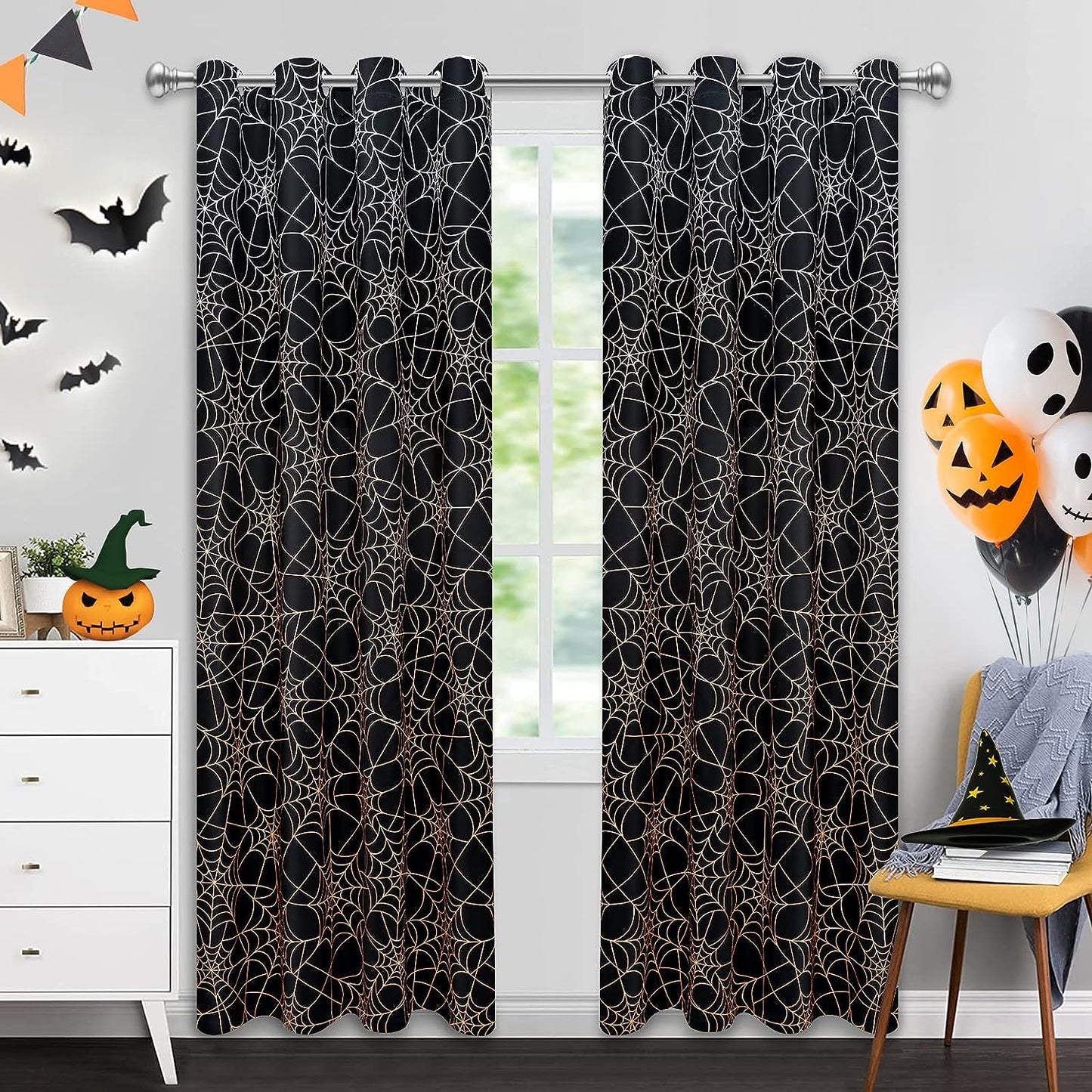 Alishomtll Halloween Curtains Spider Web Printed Window Drapes for Living Room Bedroom,52x84in,Set of 2