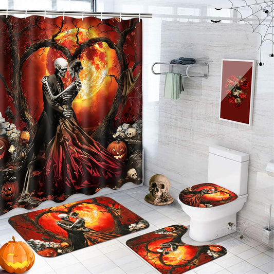 FRAMICS Halloween Skull Shower Curtain Sets with Rugs, 16 Pc Horror Skeleton Couple Bathroom Sets, Orange Waterproof Fabric Bathroom Curtain Decor with Hooks