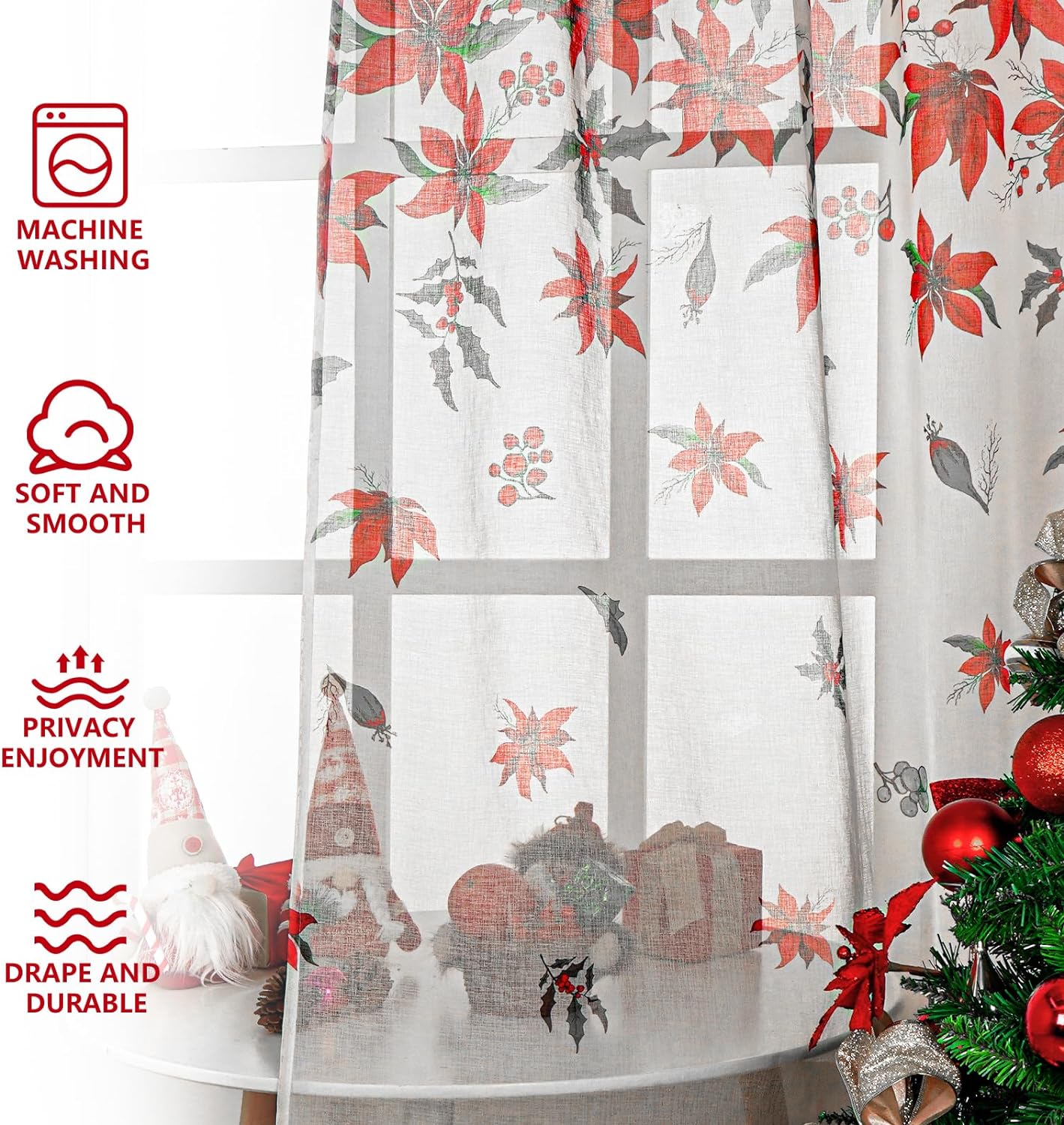 Alishomtll Christmas Sheer Curtains Poinsettia Theme Rod Pocket Window Drapes for Bedroom Living Room, 2 Panels,52 x 84 inch