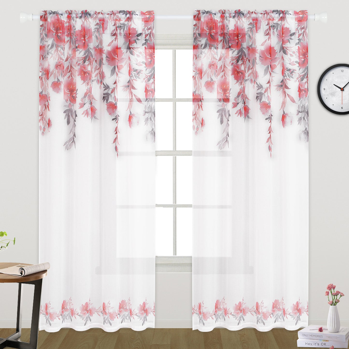 Alishomtll Floral Sheer Curtains 84 Inches Long Rod Pocket Pink Flower Semi Sheer Voile Window Treatment For Bedroom Dining Room