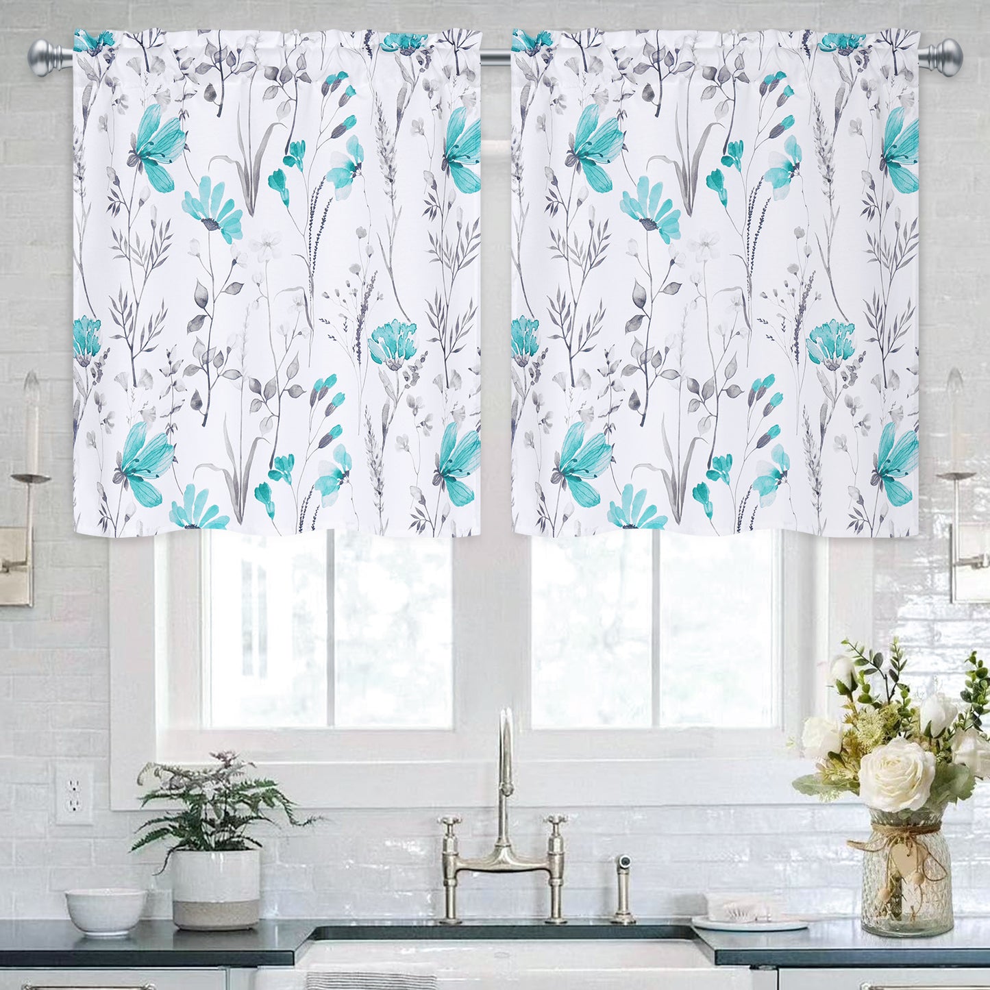 Alishomtll Kitchen Curtains Teal Floral Light Filtering Small Window Kitchen Curtains Sets ,26"Wx36"L,2 Panels,Rod Pocket