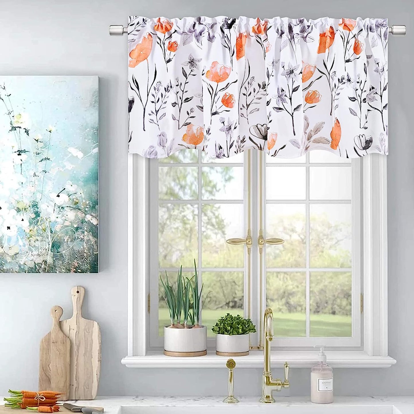 Alishomtll Flower Print Rod Pocket Kitchen Curtain Valance, Orange ,52W" x 18L", 1 Panel