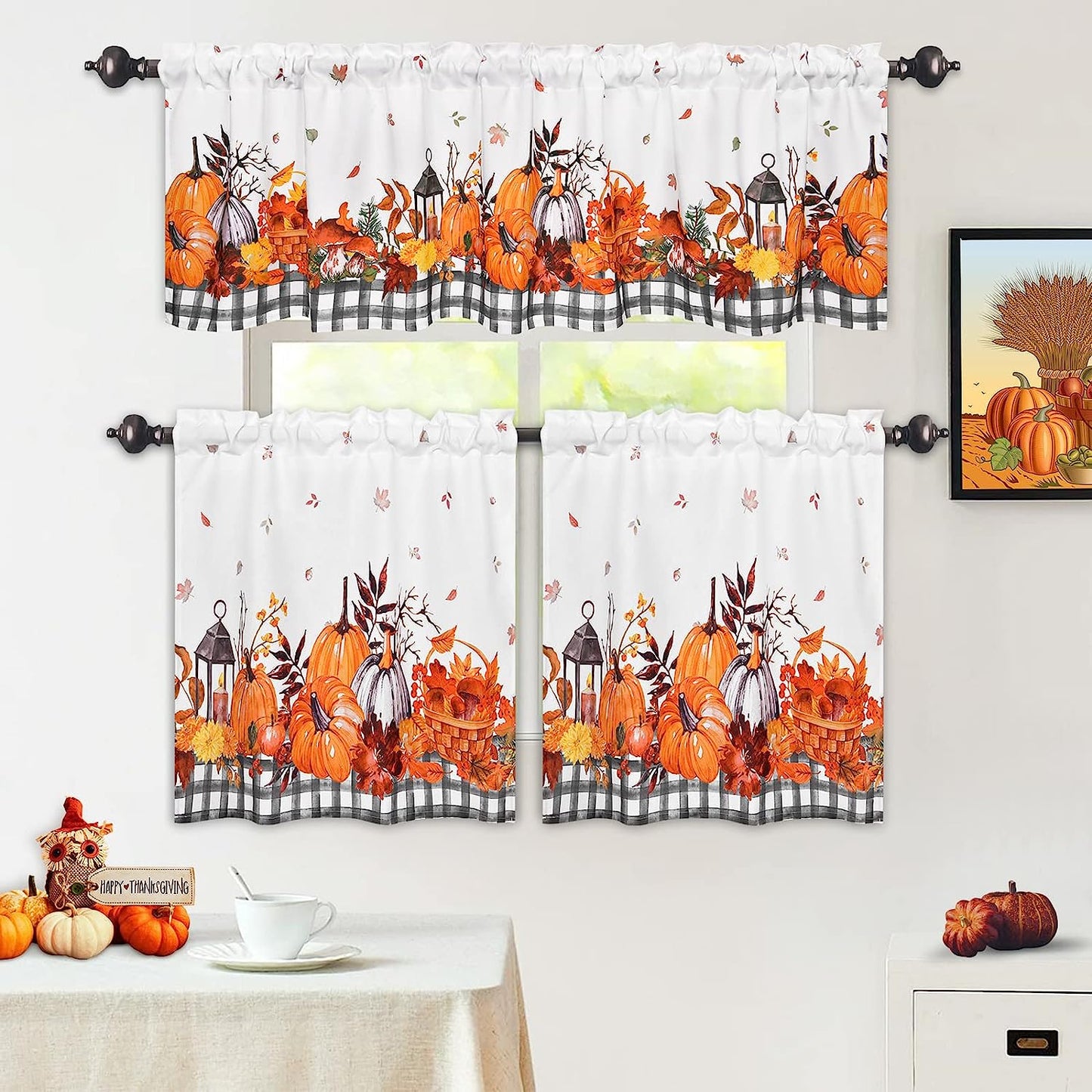 Alishomtll Thanksgiving Fall Tier Curtains for Kitchen Maple Leaves Pumpkin Printed Short Window Curtain Sets in 24 Length