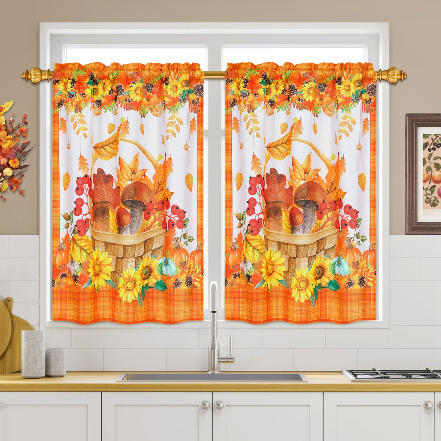 Alishomtll Fall Kitchen Curtains Sunflower Pumpkins Autumn Leaves Print Curtains Sets Thanksgiving,Rod Pocket ,30"Wx36"L