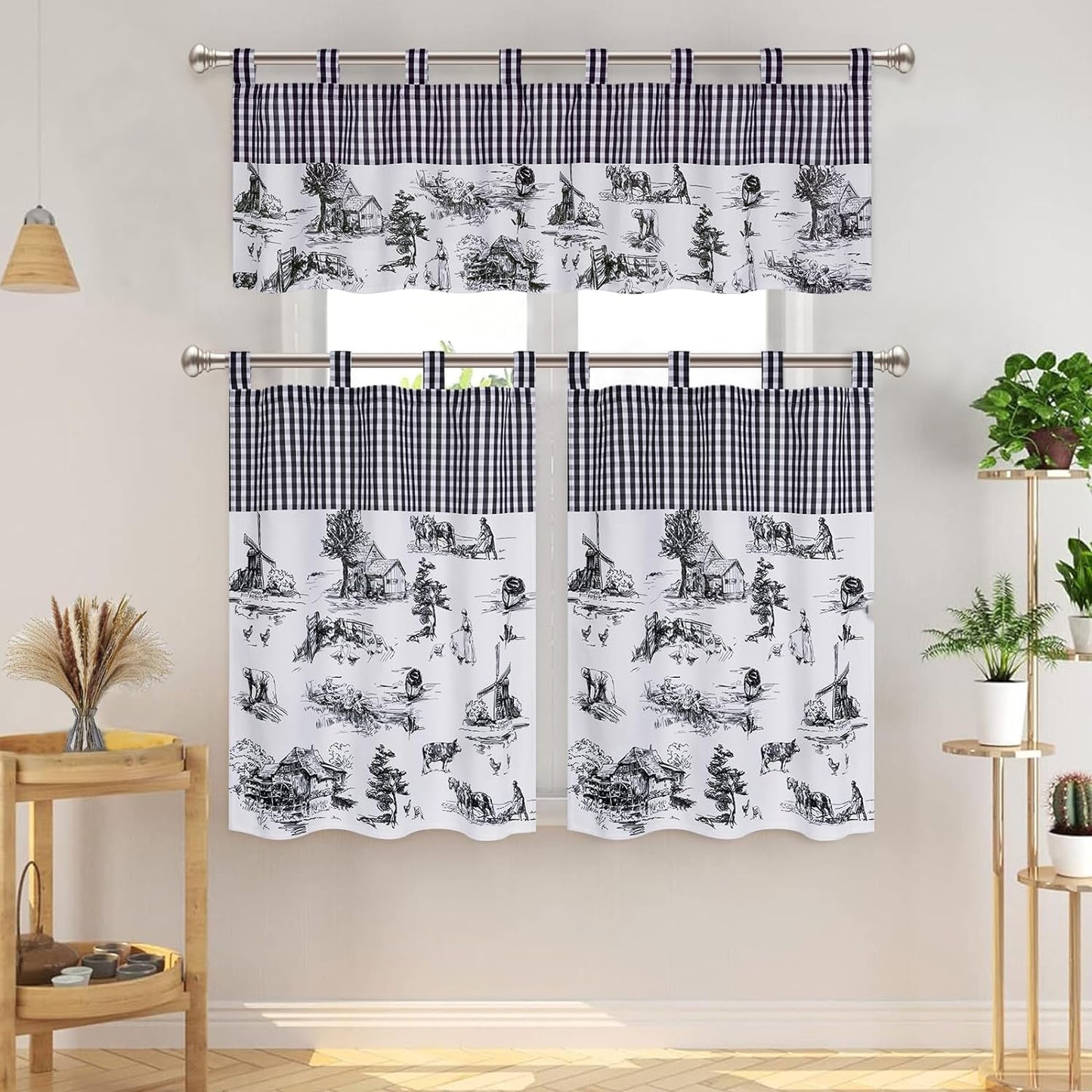 Alishomtll Linen Toile Valance Curtains for Kitchen Buffalo Plaid Printed Valances ,60''W x 18''L, 1 Panel,Black and White