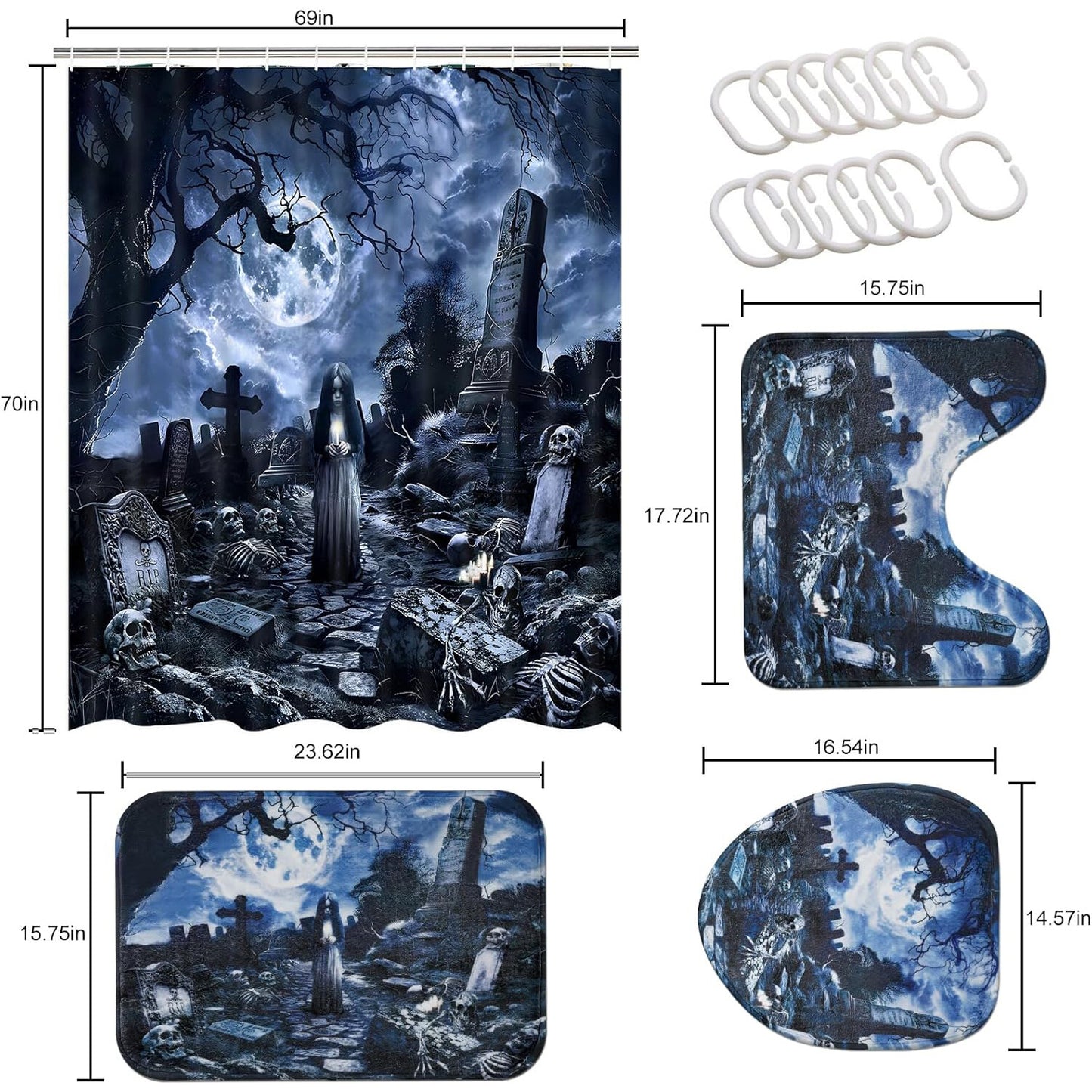 FRAMICS Halloween Shower Curtain Set with Rugs, 16 Pc Spooky Ghost Witch Bathroom Sets, Scary Graveyard Skeleton Waterproof Fabric Shower Curtain with 12 Hooks and Toilet Rugs