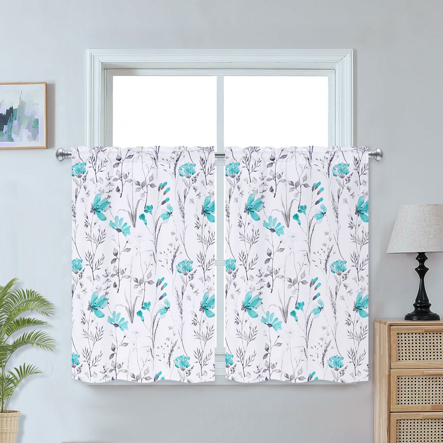 Alishomtll Kitchen Curtains Teal Floral Light Filtering Small Window Kitchen Curtains Sets ,26"Wx36"L,2 Panels,Rod Pocket