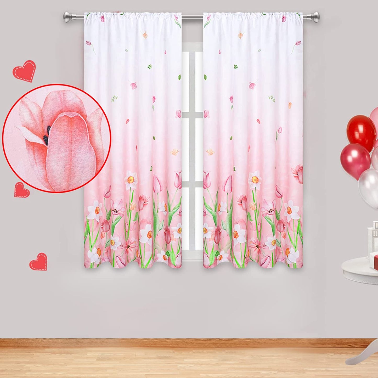 Alishomtll Pink Curtains Rod Pocket Light Filtering Floral Print Ombre Drapes for Living Room Bedroom,2 Panels