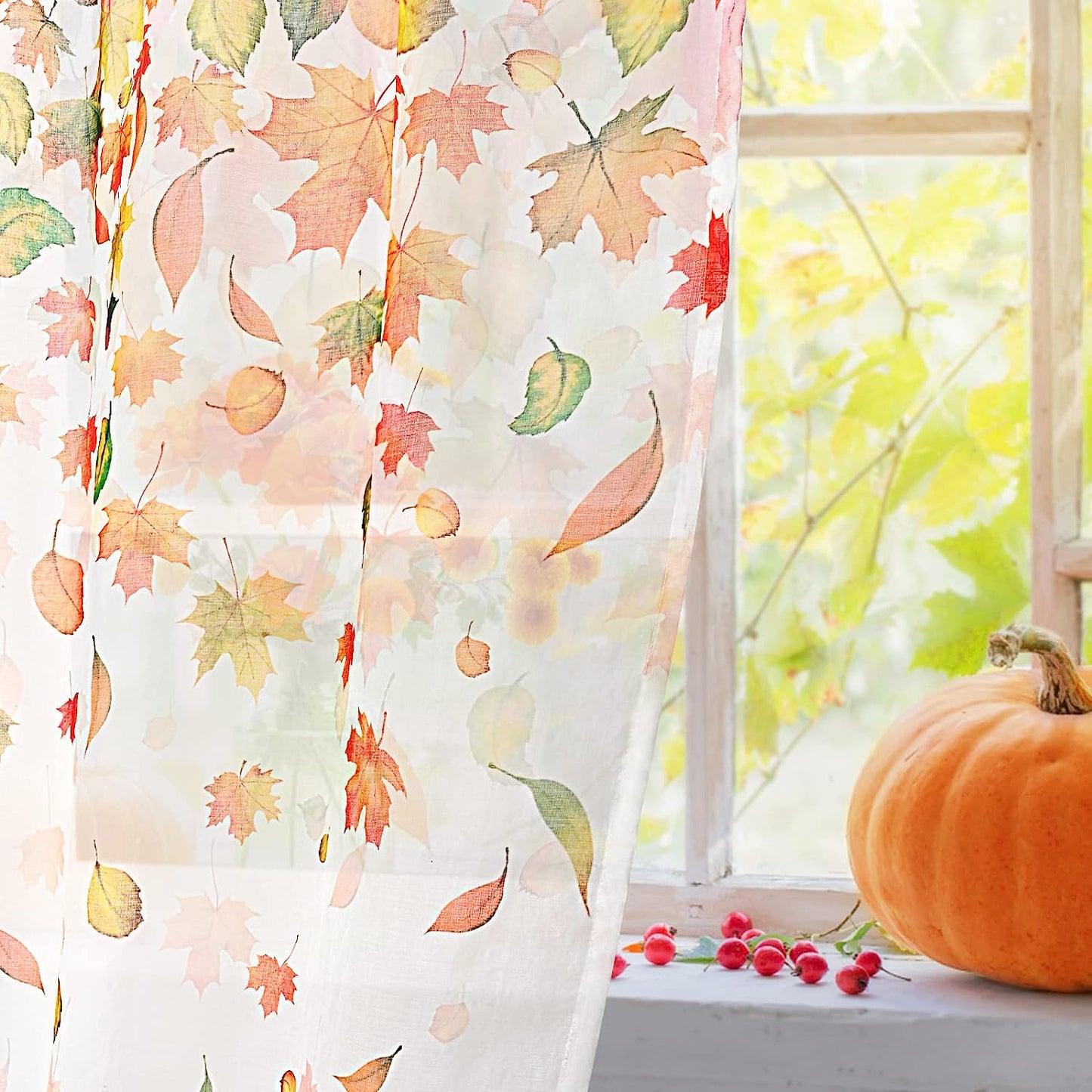 Alishomtll Thanksgiving Sheer Curtains 84 Inch Length Rod Pocket Autumn Falling Maple Leaves Semi Sheer Voile Window Treatment for Bedroom Dining Room