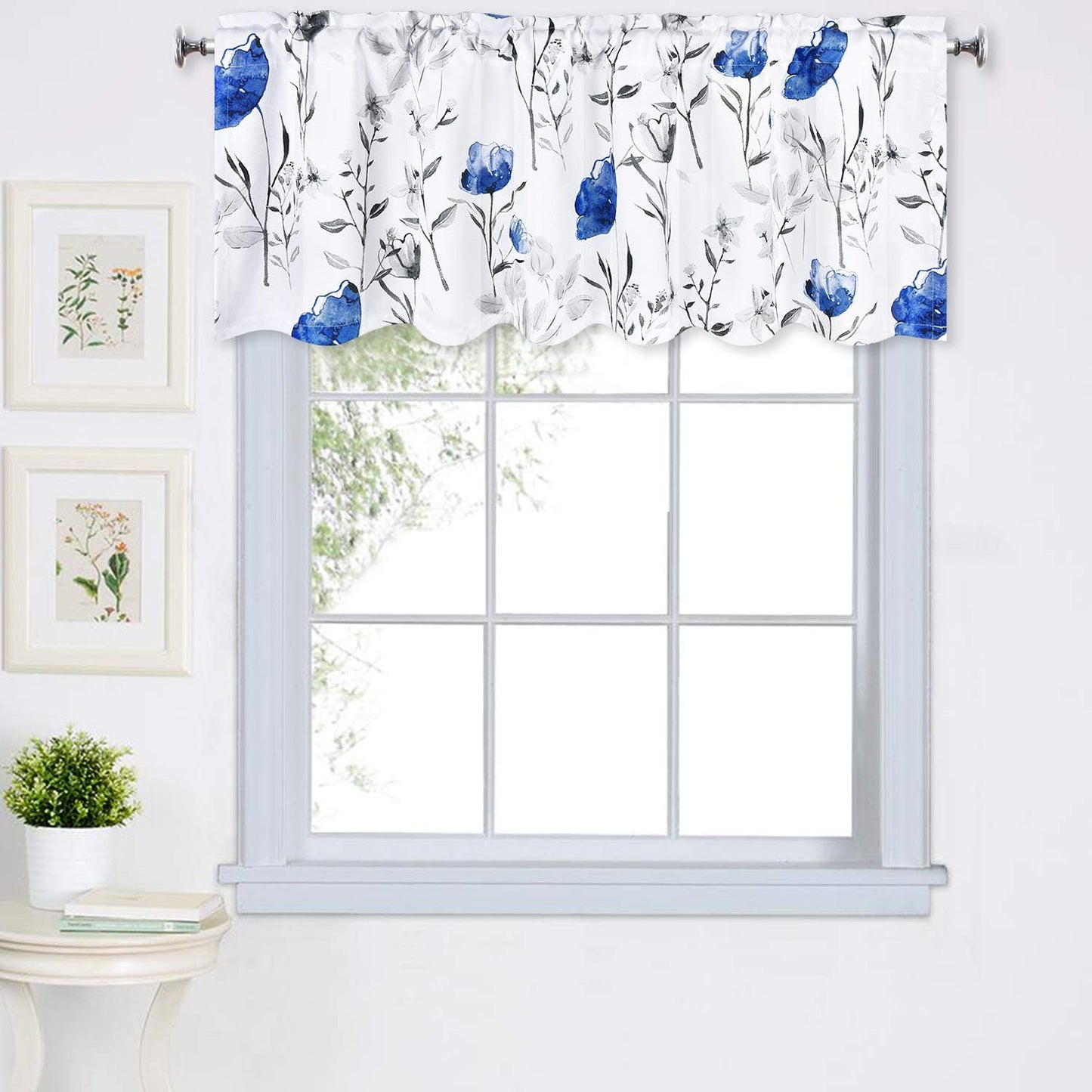 Alishomtll Flower Print Rod Pocket Kitchen Curtain Valance, Blue ,52W" x 18L", 1 Panel