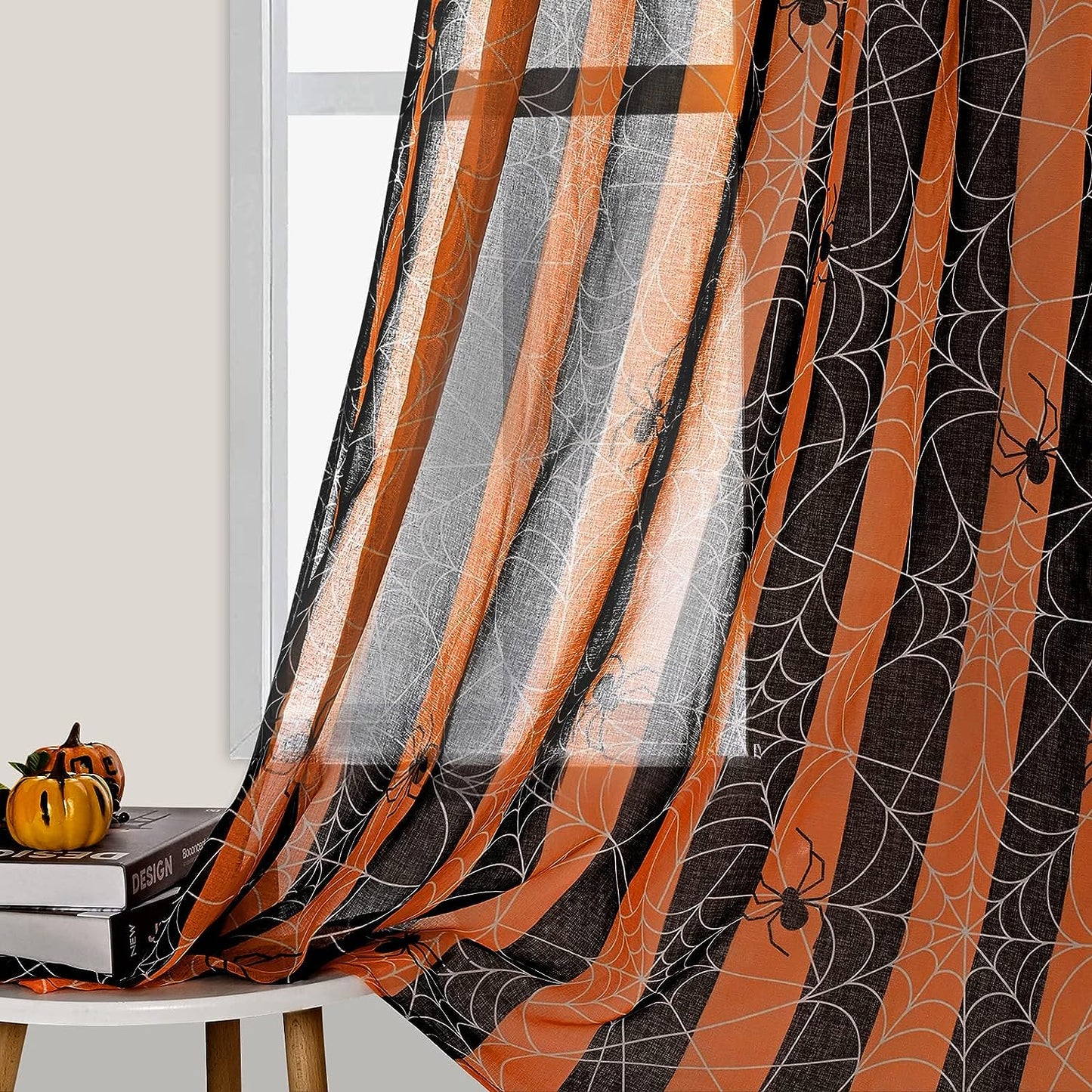 Alishomtll Halloween Curtains Spider Web Semi Sheer Drapes for Halloween Window Decorations, Party, Set of 2 Panel, 52 x 84Inch