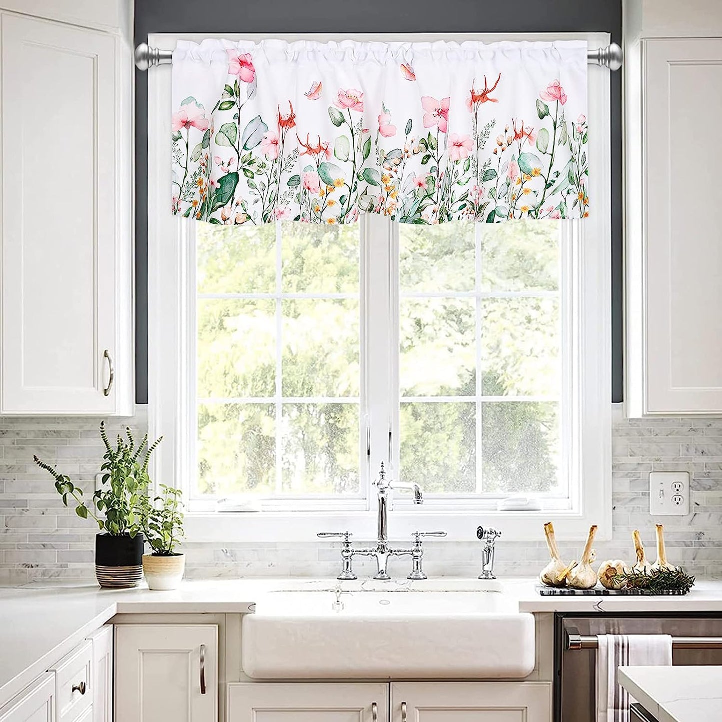 Alishomtll Kitchen Valance Curtains Floral Print Window Valance , 52x18 Inch，Rod Pocket