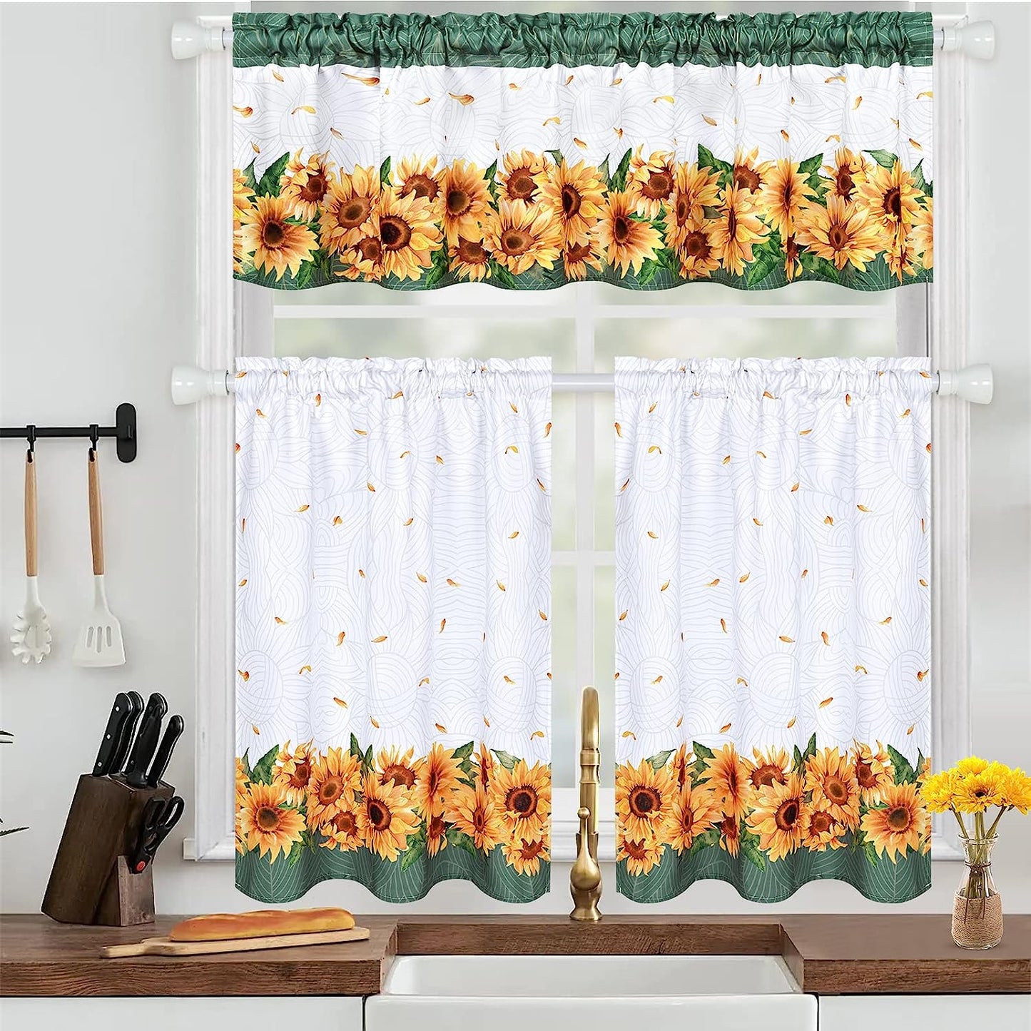 Alishomtll Kitchen Valance Curtain Sunflower Pattern Garden Valance 18 inch Rod Pocket