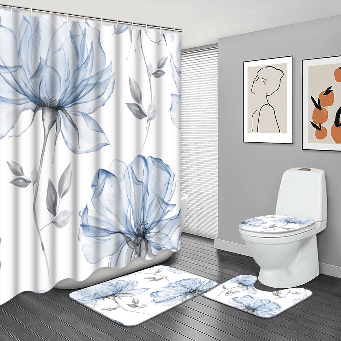 FRAMICS Watercolor Floral Shower Curtain Set with Rugs, 16 Pc Blue Grey Flower Bathroom Sets, Modern Minimalist White Waterproof Fabric Shower Curtain with 12 Hooks and Toilet Rugs