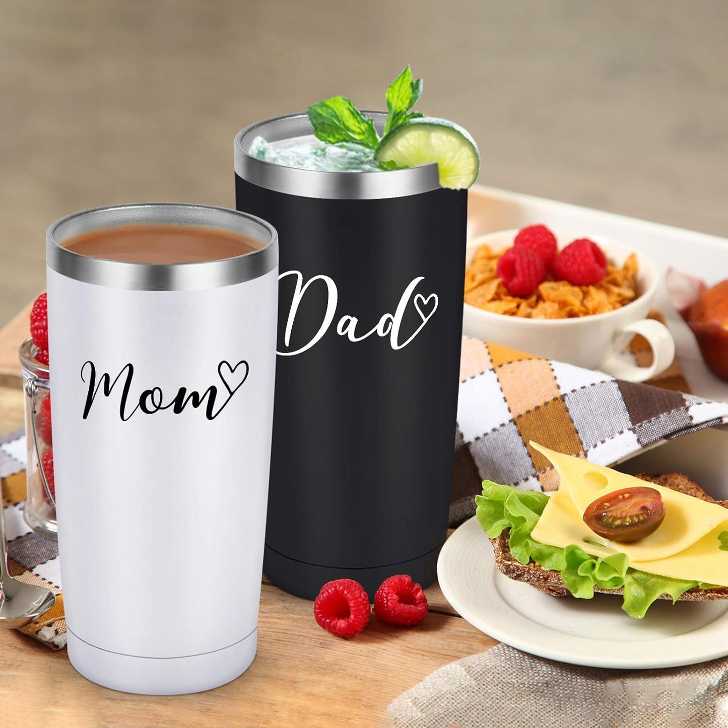 Gingprous Mom and Dad Stainless Steel Travel Tumbler Set, 20oz Double Wall Travel Tumblers, Vacuum Insulated Tumblers , Father’s Day Mother's Day Gifts , Black and White