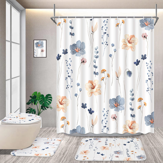 FRAMICS Watercolor Floral Shower Curtain Sets with Rugs, 16 Pc Blue Beige Flower Bathroom Sets, Minimalist White Waterproof Fabric Bathroom Curtain Decor with Hooks