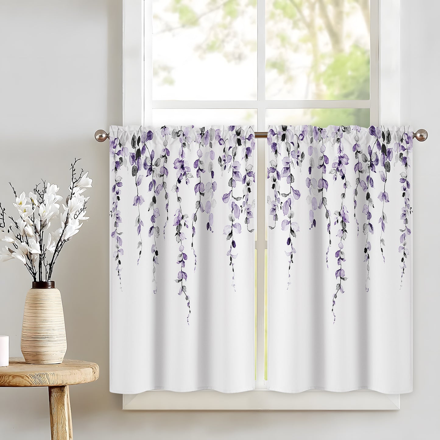 Alishomtll Kitchen Curtains Grey Purple Watercolor Leaves Print Tier Windows Drapes Sets 36 Inch ,Rod Pocket