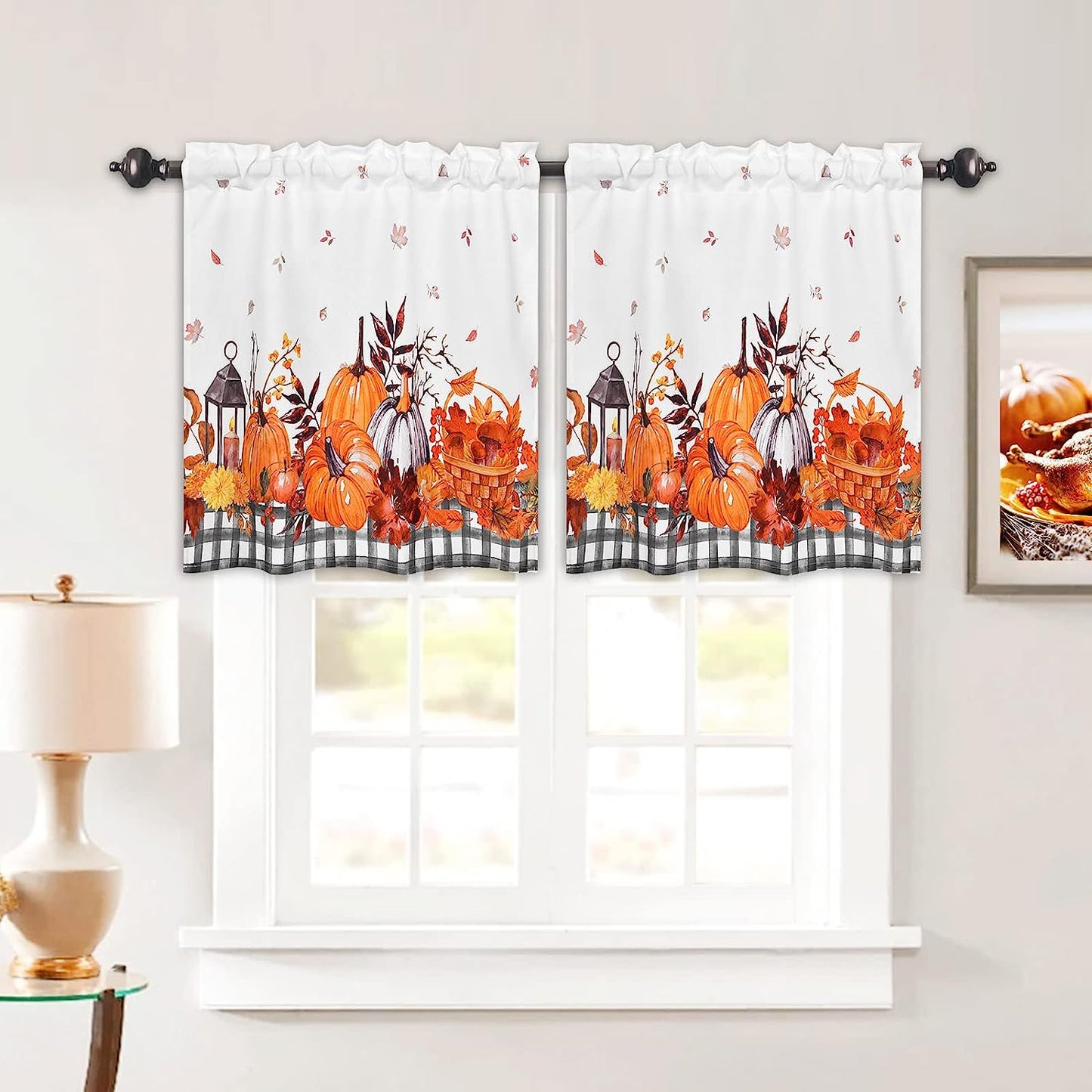 Alishomtll Thanksgiving Fall Tier Curtains for Kitchen Maple Leaves Pumpkin Printed Short Window Curtain Sets in 24 Length