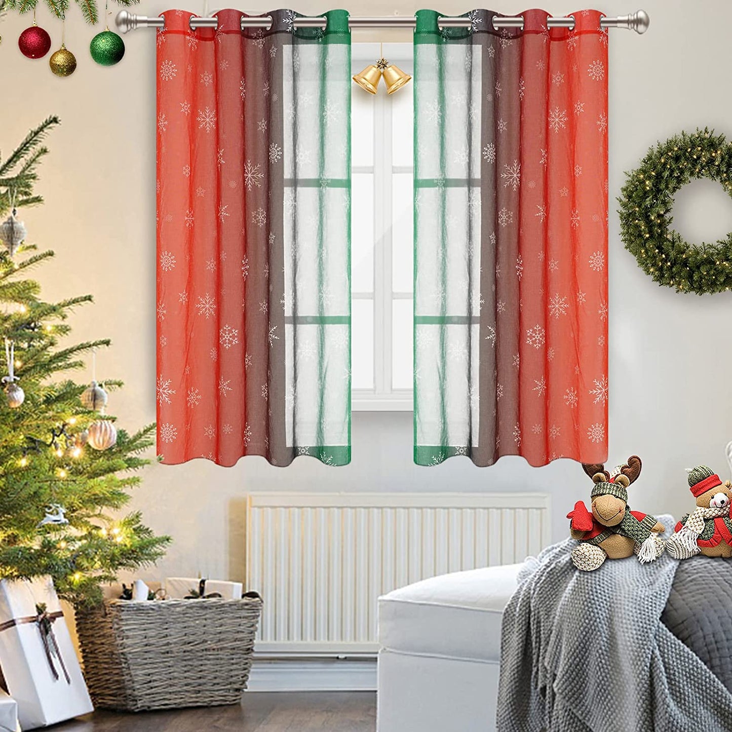 Alishomtll Christmas Ombre Sheer Curtains, Red-Green Gradient Light Filtering Grommet Drapes for Bedroom, 104 x 63 inch