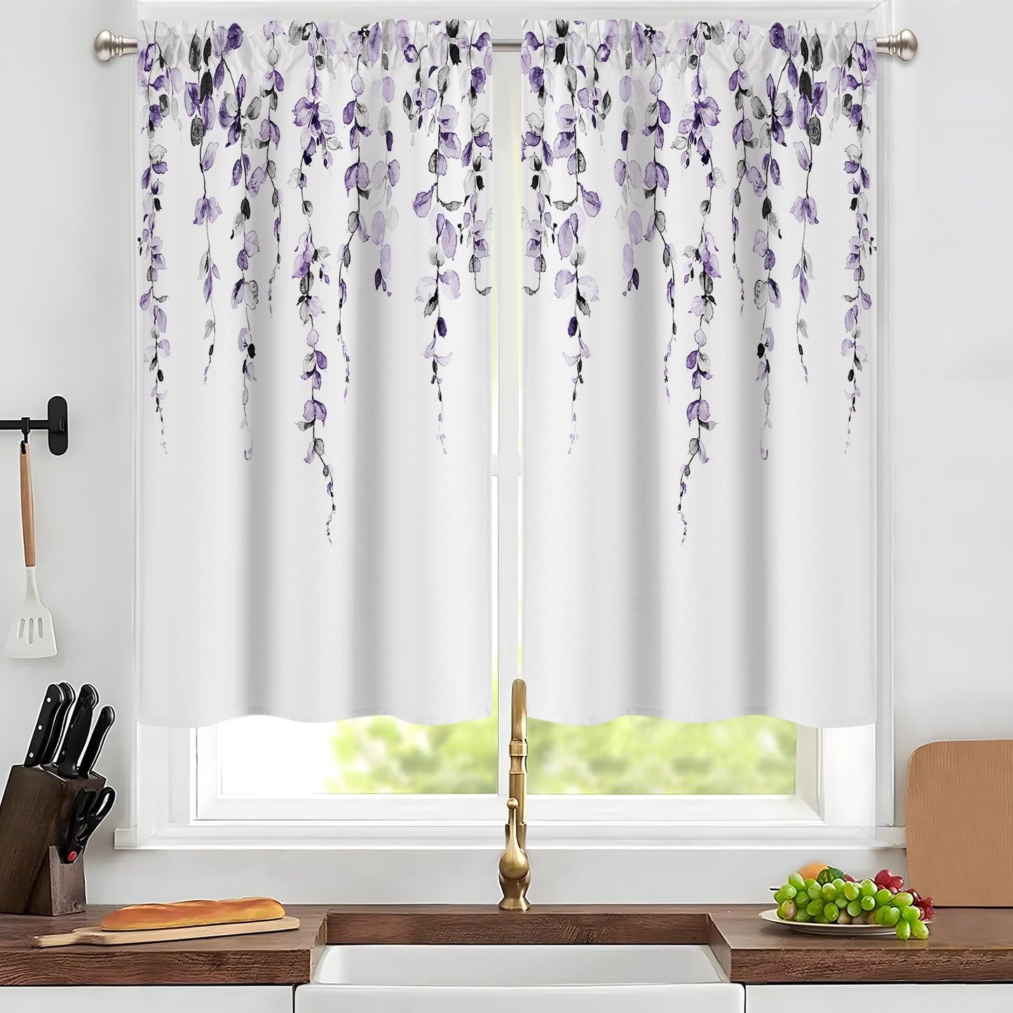 Alishomtll Kitchen Curtains Grey Purple Watercolor Leaves Print Tier Windows Drapes Sets 36 Inch ,Rod Pocket