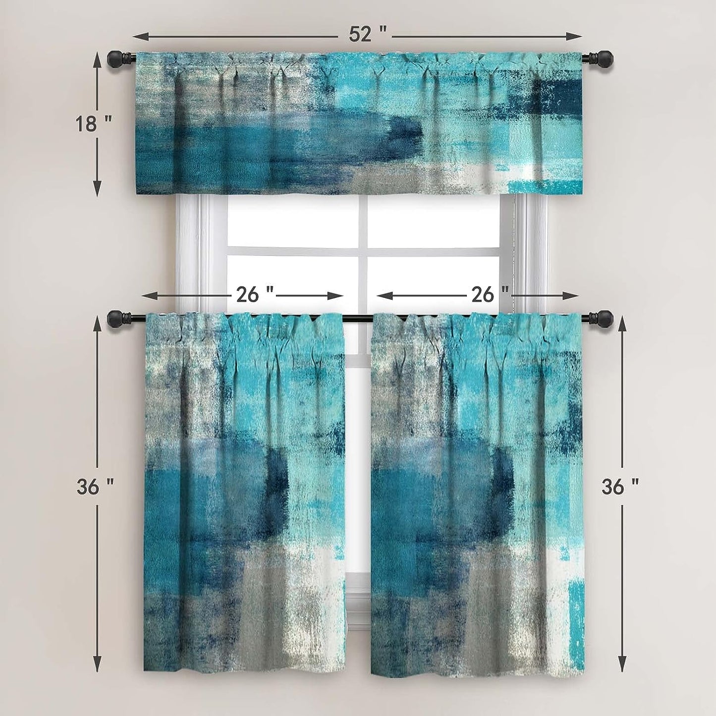 Alishomtll 3-Piece Kitchen Curtain Tier and Valance Set Abstract Turquoise Print Window Drapes ,Rod Pocket