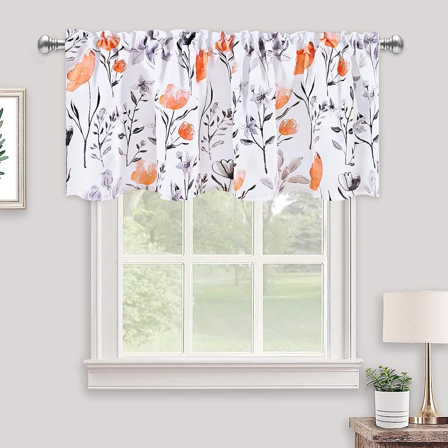 Alishomtll Flower Print Rod Pocket Kitchen Curtain Valance, Orange ,52W" x 18L", 1 Panel