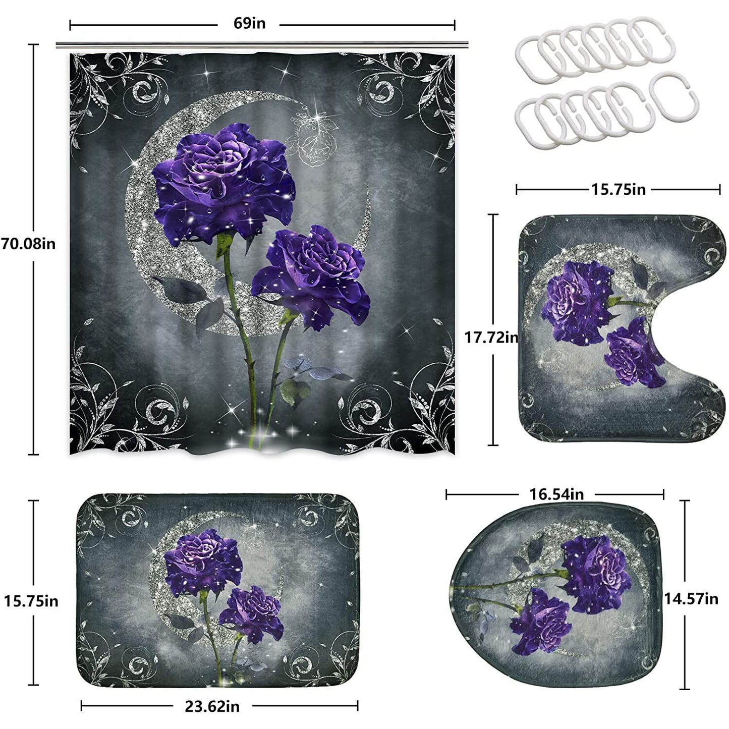 FRAMICS Purple Rose Shower Curtain and Rug Sets, 16 Pc Sliver Moon Floral Bathroom Sets, Waterproof Fabric Shower Curtain with 12 Hooks and Toilet Rugs