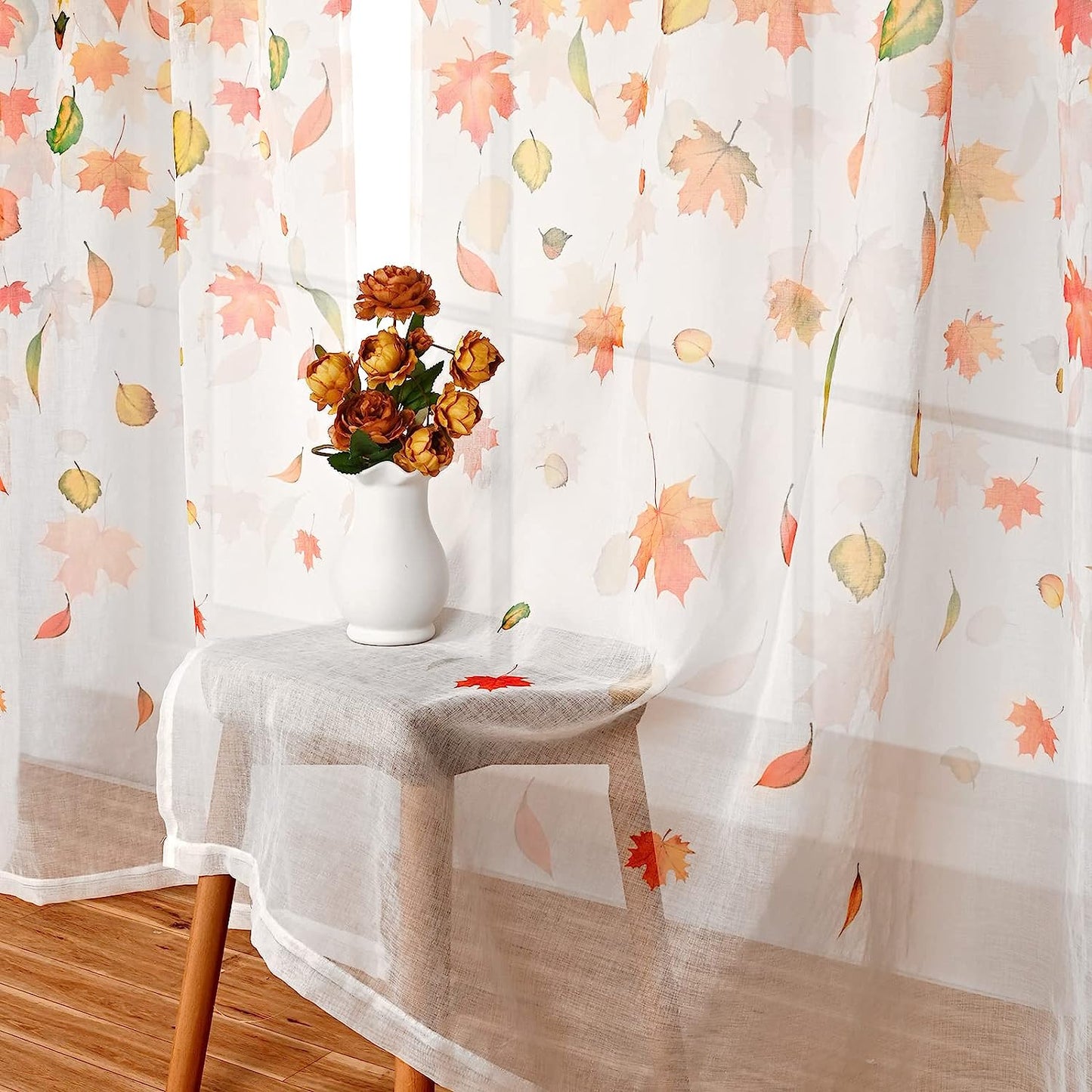 Alishomtll Thanksgiving Sheer Curtains 84 Inch Length Rod Pocket Autumn Falling Maple Leaves Semi Sheer Voile Window Treatment for Bedroom Dining Room