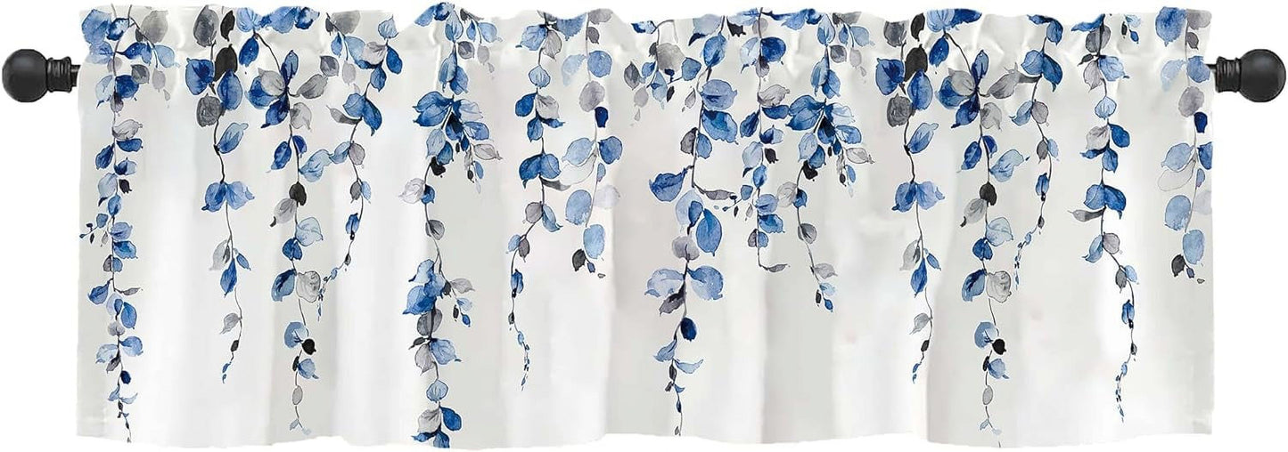 Alishomtll Valance Curtains for Living Room Bedroom Kitchen Windows Grey Blue Watercolor Leaves Print ,52 x 18 inch,Rod Pocket