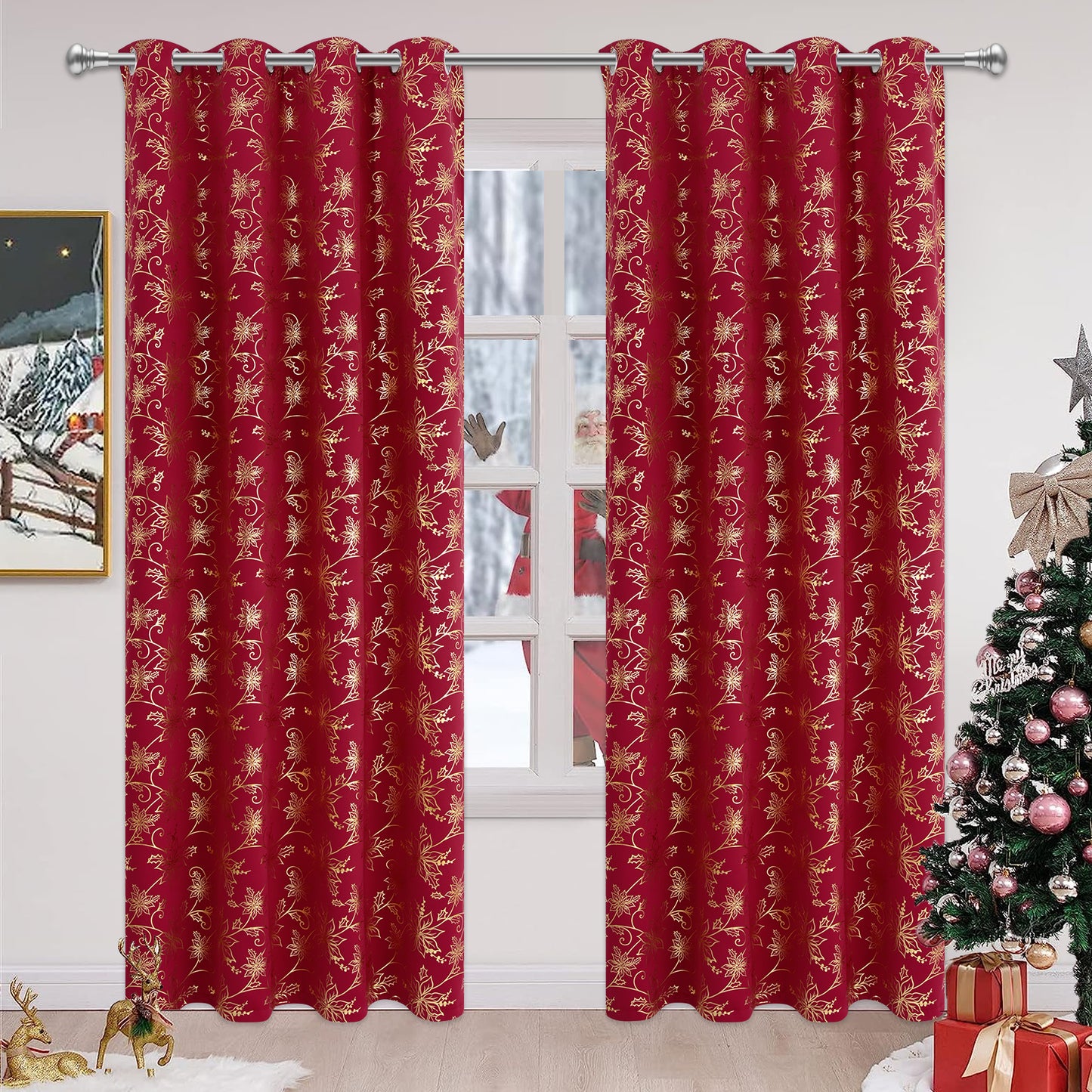 Alishomtll Christmas Curtain Golden Poinsettia Foil Print Blackout Window Curtains Drapes, 52" x 84"L, Red, Set of 2 Panels