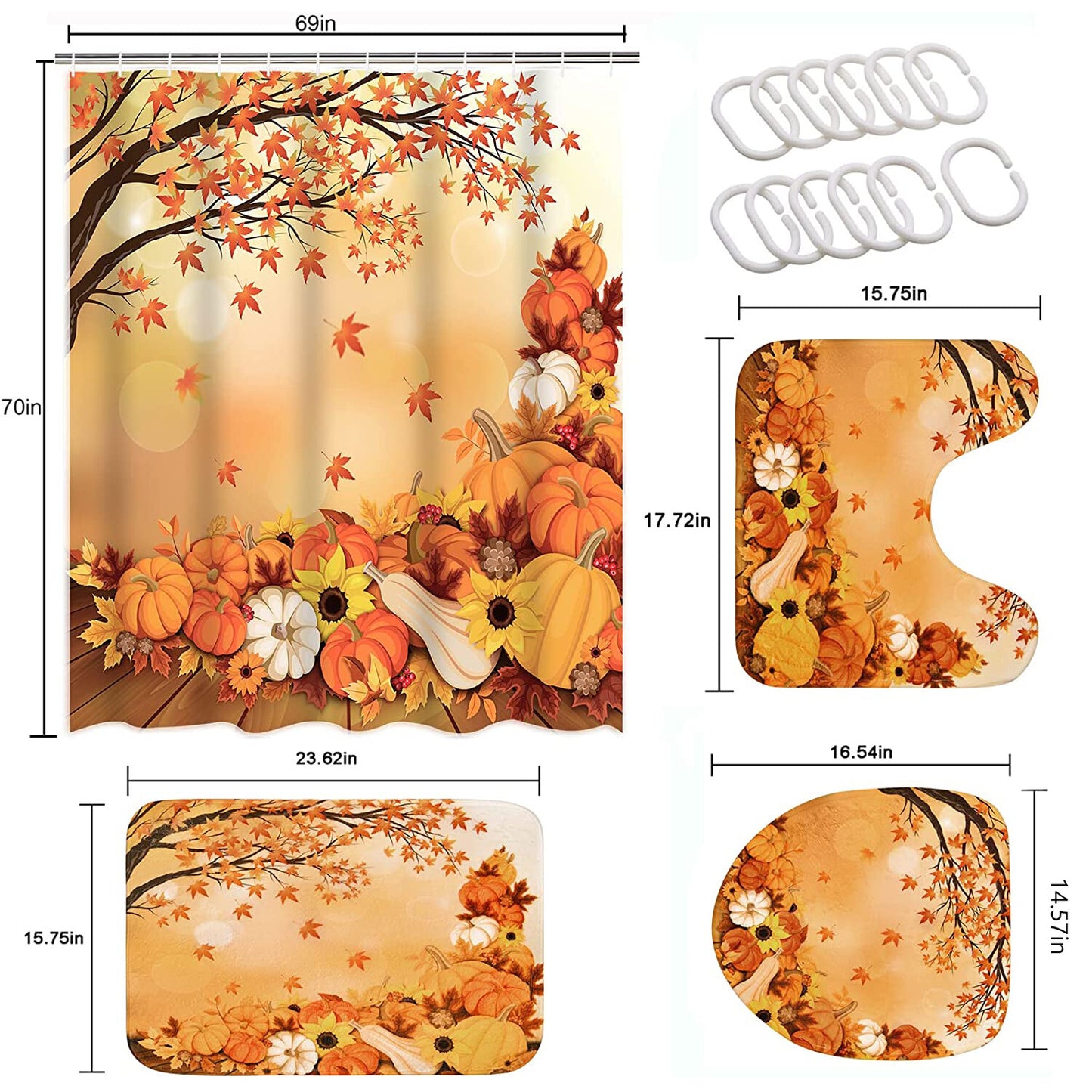 FRAMICS Thanksgiving Shower Curtain Set with Rugs, Orange Maple Leaf Pumpkin Pattern Bathroom Decor Set, Autumn Waterproof Fabric Shower Curtain with 12 Hooks and Toilet Rugs